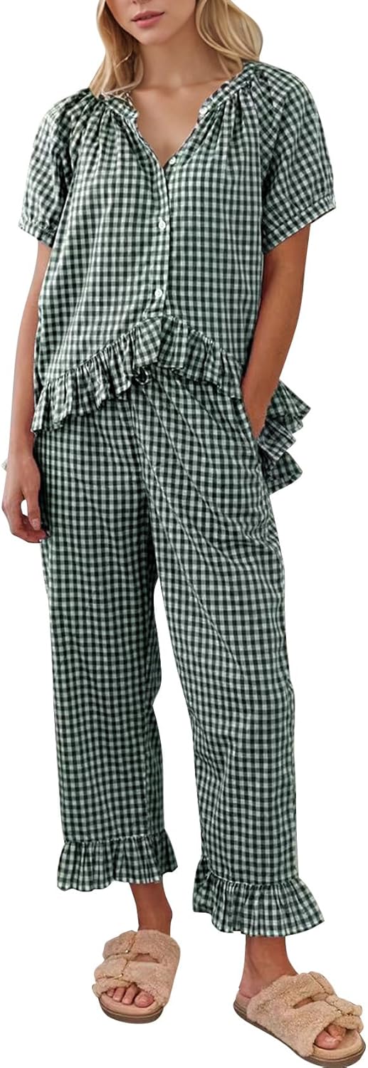 COZYPOIN Womens Gingham Pajama Set 2 Piece Plaid Cotton Pjs Cute Ruffle Sleepwear Maternity Bridesmaid Pajamas Loungewear