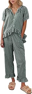 Womens Gingham Pajama Set 2 Piece Plaid Cotton Pjs Cute Ruffle Sleepwear Maternity Bridesmaid Pajamas Loungewear