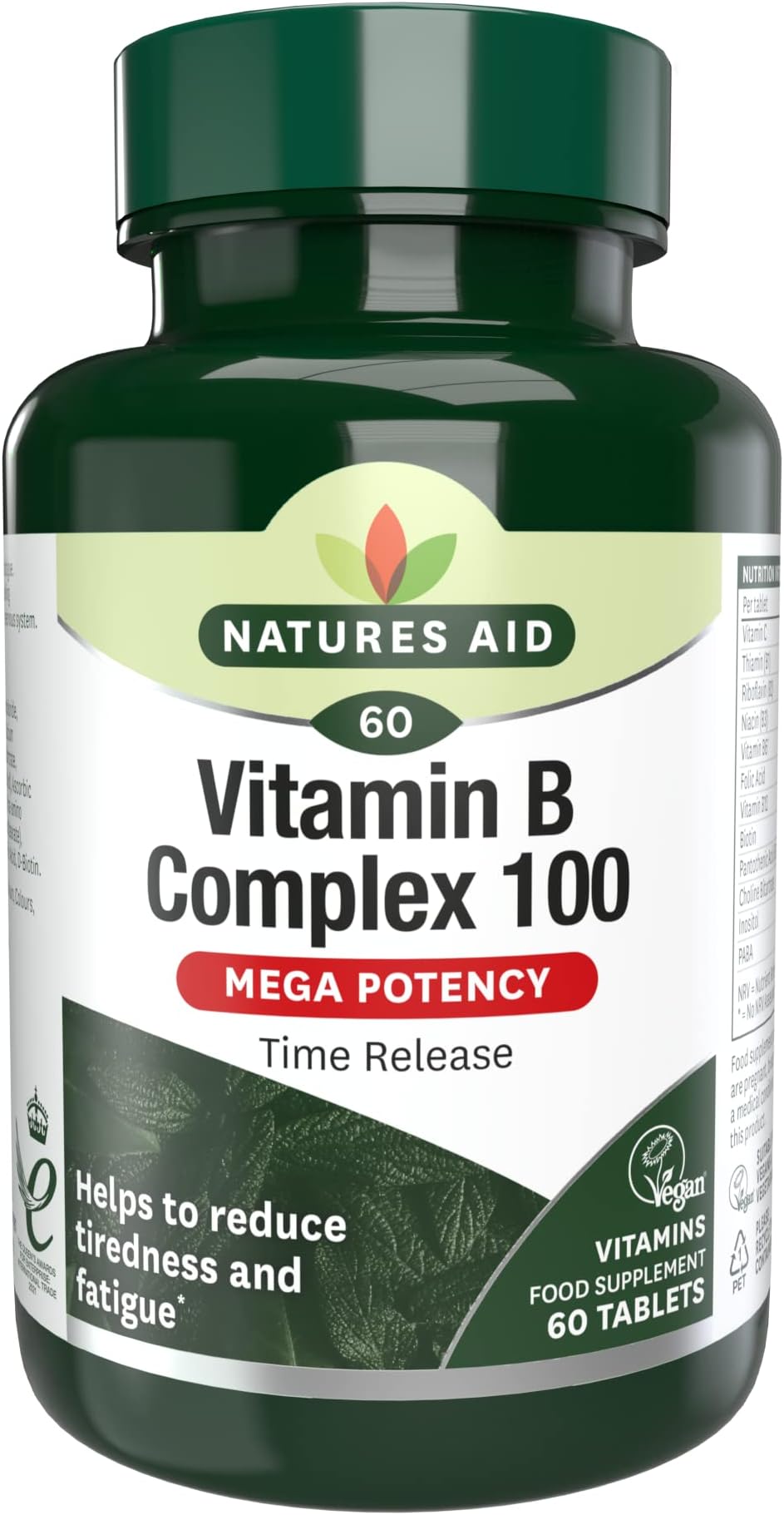 Natures Aid Vitamin B Complex 100mg – High Strength B Vitamins for Energy, Metabolism, Nervous System & Immune Support – Vegan, Gluten-Free, Non-GMO – Natural Supplement – 60 Tablets