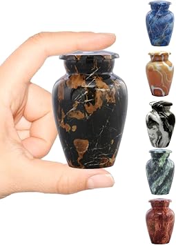 Dynasty Black Marble Finish Metal Keepsake Mini Cremation Urn for Human or Pet Ashes - Token Sharing Memorial Urn with Velvet Bag