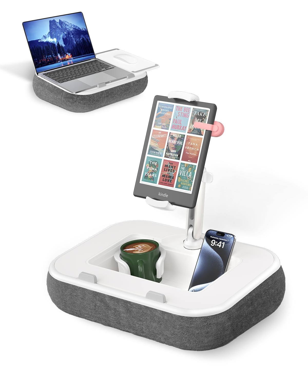 Viozon Soporte de almohada para tablet, soporte Kindle y escritorio de regazo, compatible con tabletas/teléfonos de 4.7 a 13 pulgadas y portátiles de 10 a 15 pulgadas, con soporte de silicona para