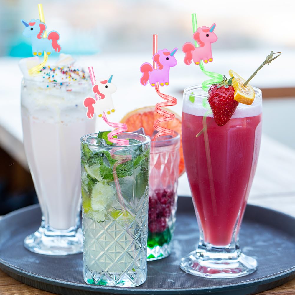 AUAUY Pajitas de plástico, 16 pajitas reutilizables, pajitas de plástico rizadas de unicornio, pajitas de verano para piscina hawaiana para fiestas de cumpleaños, decoración de Navidad, accesorios