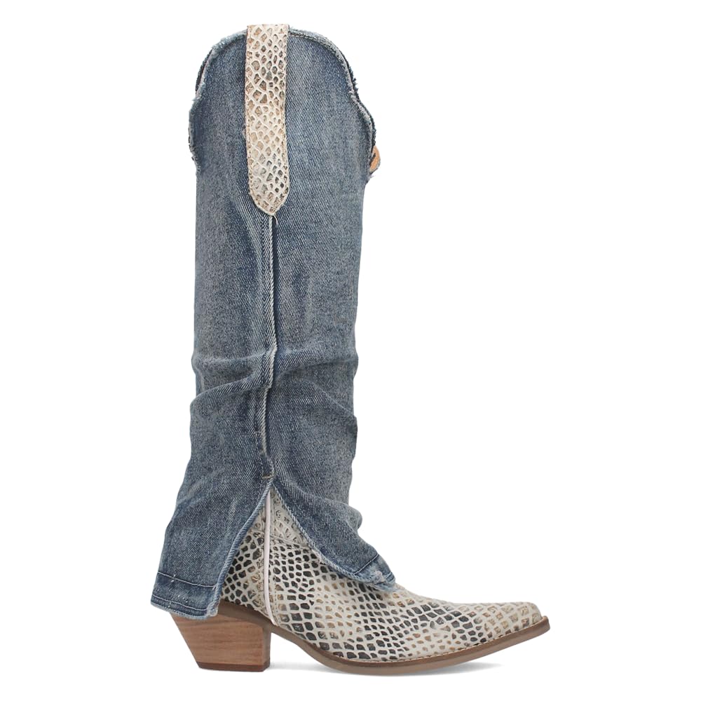 Dingo Womens Shabby Lizard Print Snip Toe Pull On Casual Boots Over the Knee Mid Heel 2-3" - Blue