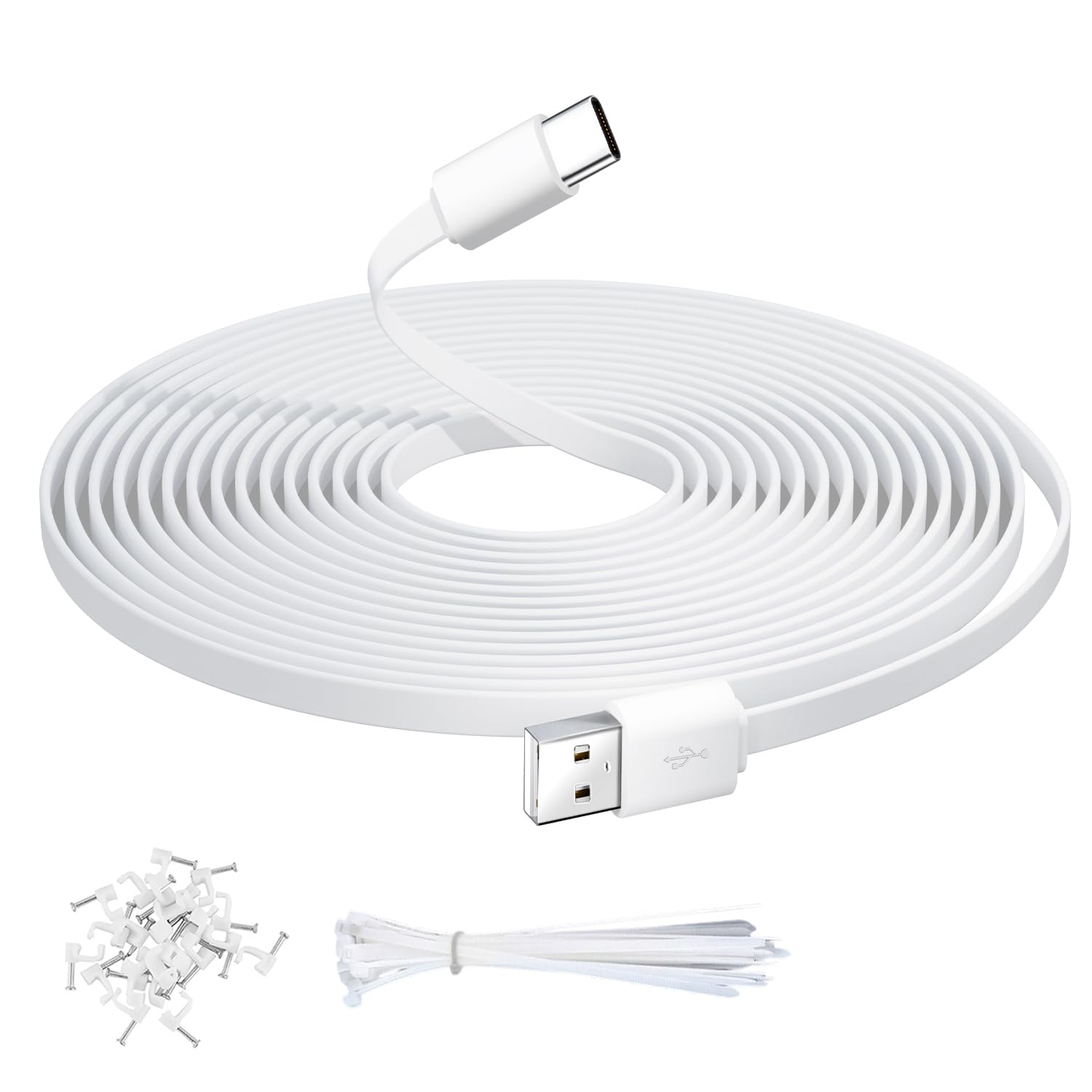 5 m płaski kabel USB-A do USB-C, bardzo długi przedłużacz do ładowania kamer monitorujących, smartfonów, tabletów, kontrolerów do gier i innych, obsługuje transmisję danych – biały