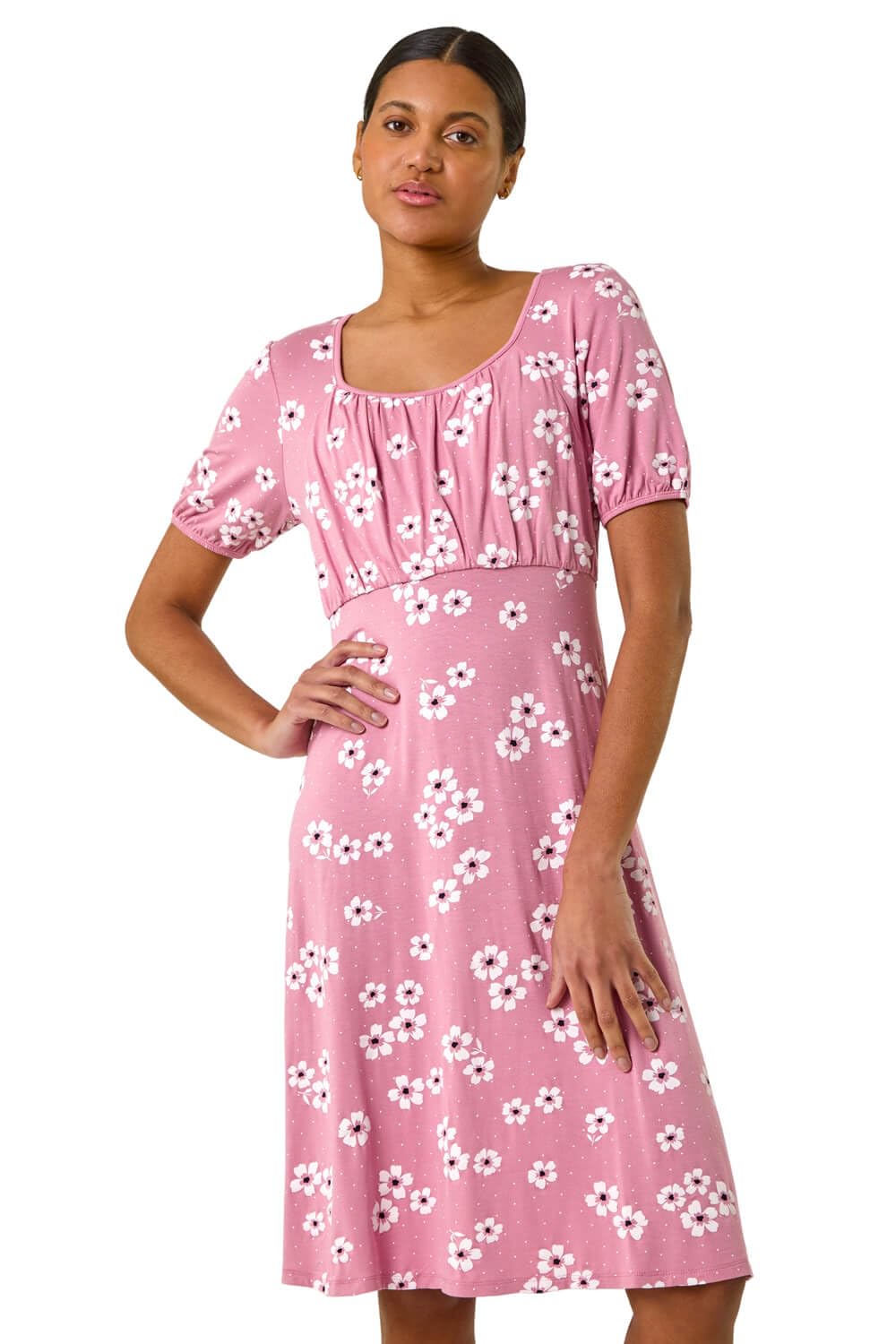 Roman Women's Floral Print Stretch Jersey Dress in Pink | Size: 20