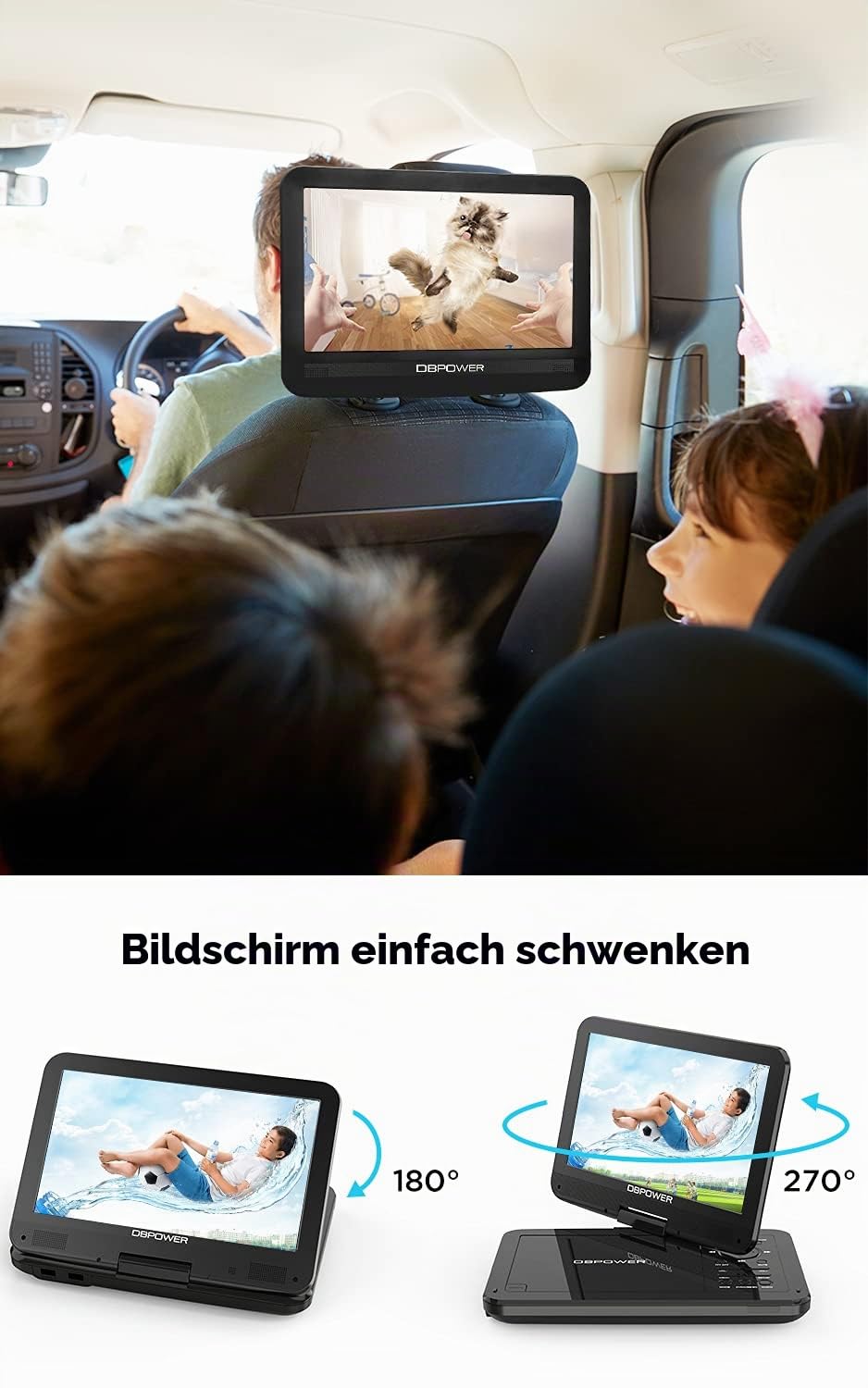 DBPOWER® Tragbarer DVD-Player, 10,5 Zoll, 3 Stunden Wiederaufladbare Batterie, Swivel Screen, SD-Karte und USB, Direct Play in Formats MP4/AVI/RMVB/MP3/JPEG (10,5, Black).