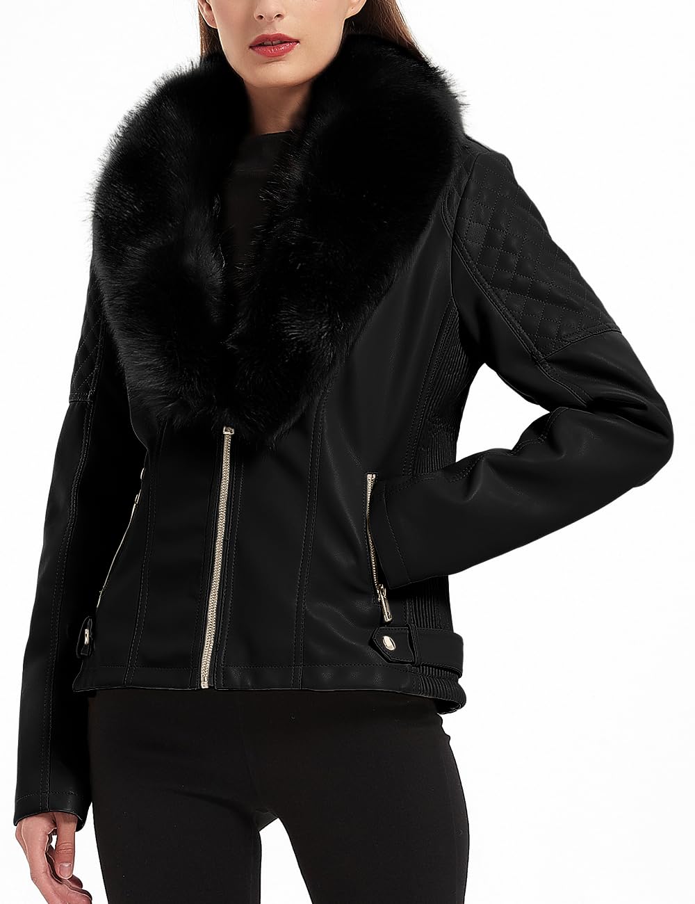 Giolshon Chaqueta de Cuero de Gamuza Sintética para Mujer, Abrigo Cálido de Motorista de Motocicleta de Invierno con Cuello de piel