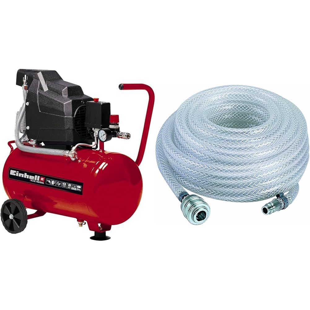 Einhell Compresor TC-AC 190/24/8 (depósito de 24 l, lubricación por aceite, reductor de presión, manómetro + acoplamiento rápido, válvula antirretorno, soporte con tope de goma) + Manguera tela 15 m