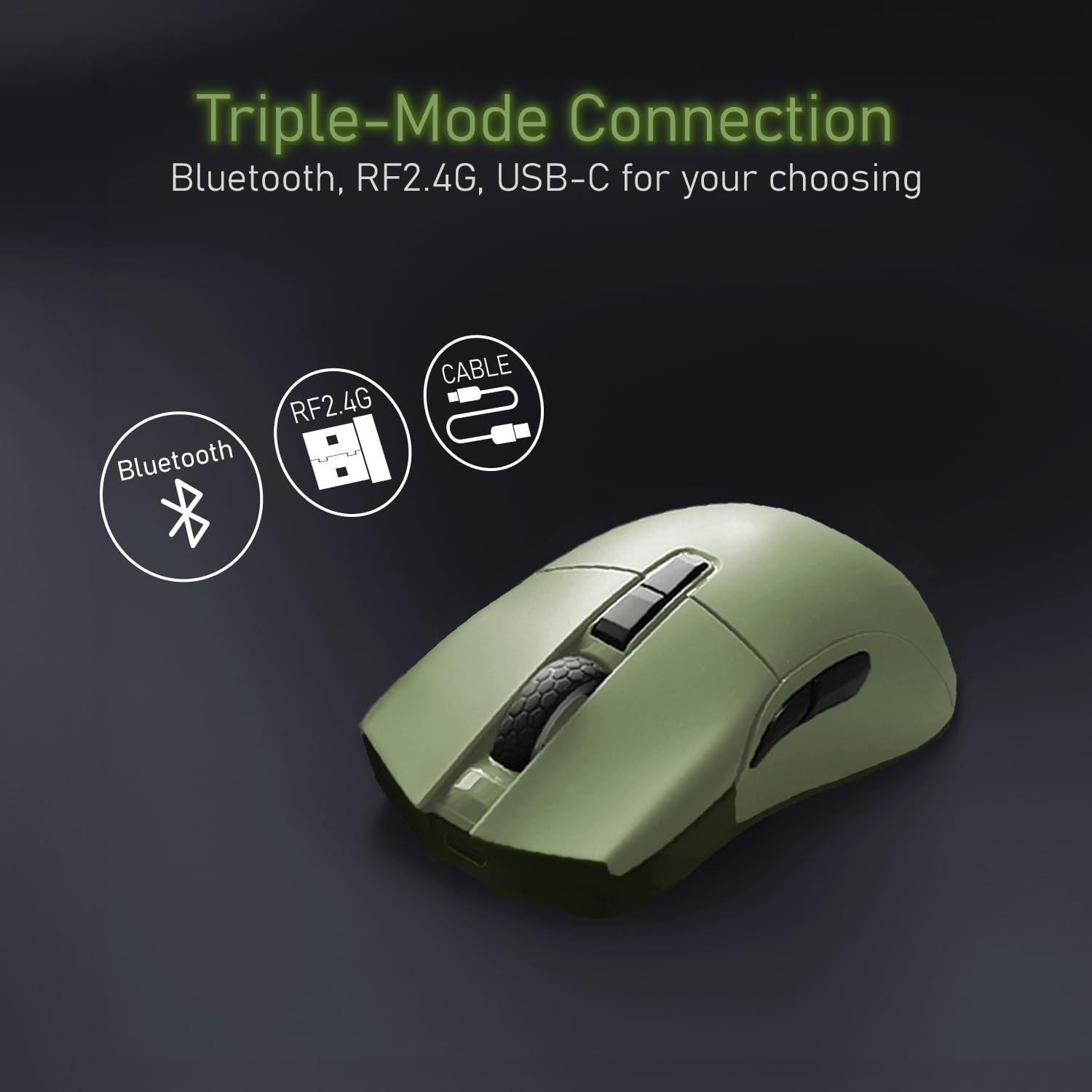 iRocks M31R Wireless Gaming Mouse, Triple Mode 2.4G/ Bluetooth/USB-C Detachable Cable Gaming Mouse, Kailh GM8.0 Mouse Switches, Advanced PixArt PAW3395 Optical Sensor, Up to 26,000 DPI - Olive Green - Image 2