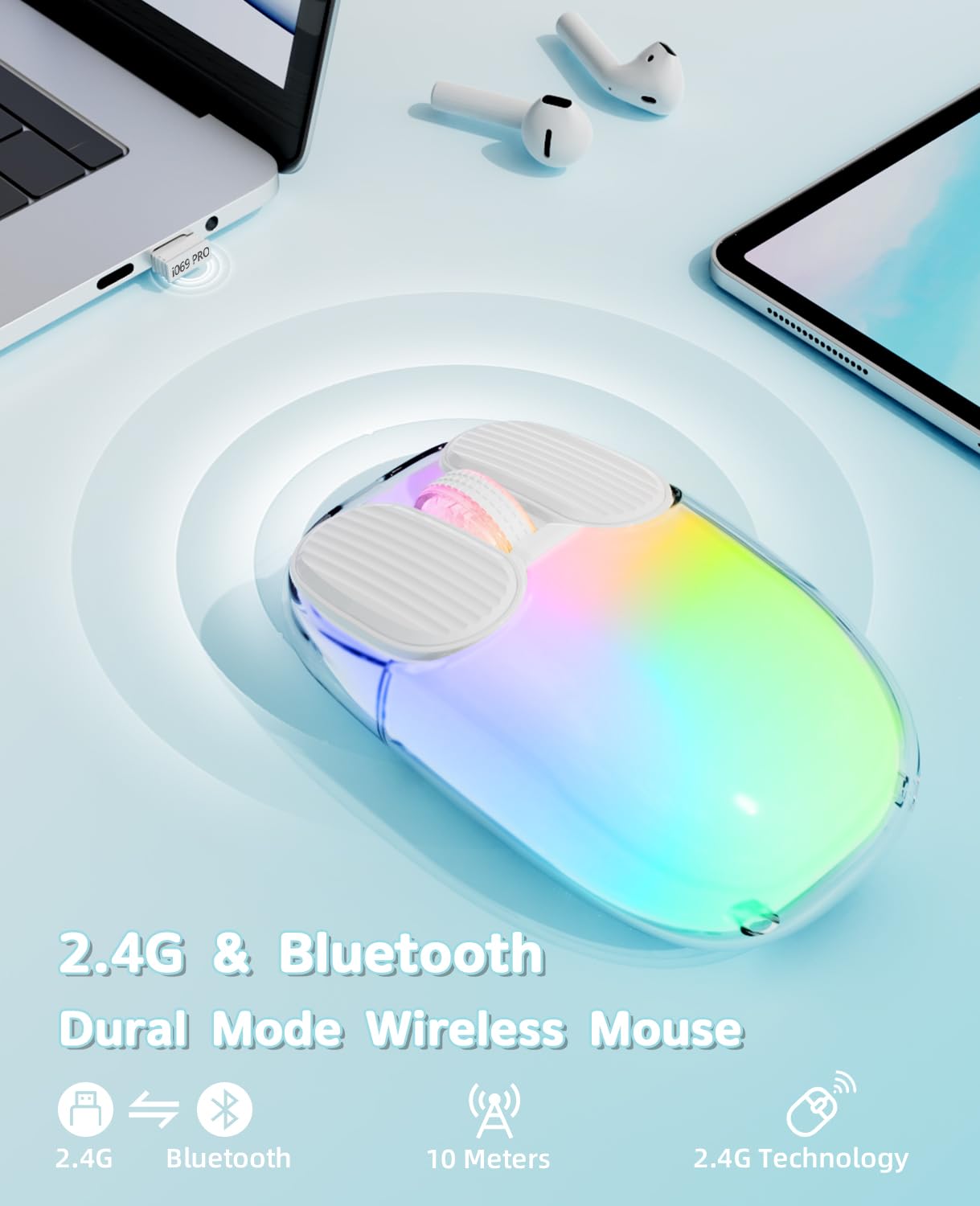 MAMBASNAKE Mouse da gioco wireless Bluetooth, simpatico mouse senza fili silenzioso, display alimentazione,guscio trasparente, 7 luci RGB, ottico 1600DPI, mouse portatili ricaricabili 600mAh (bianco)