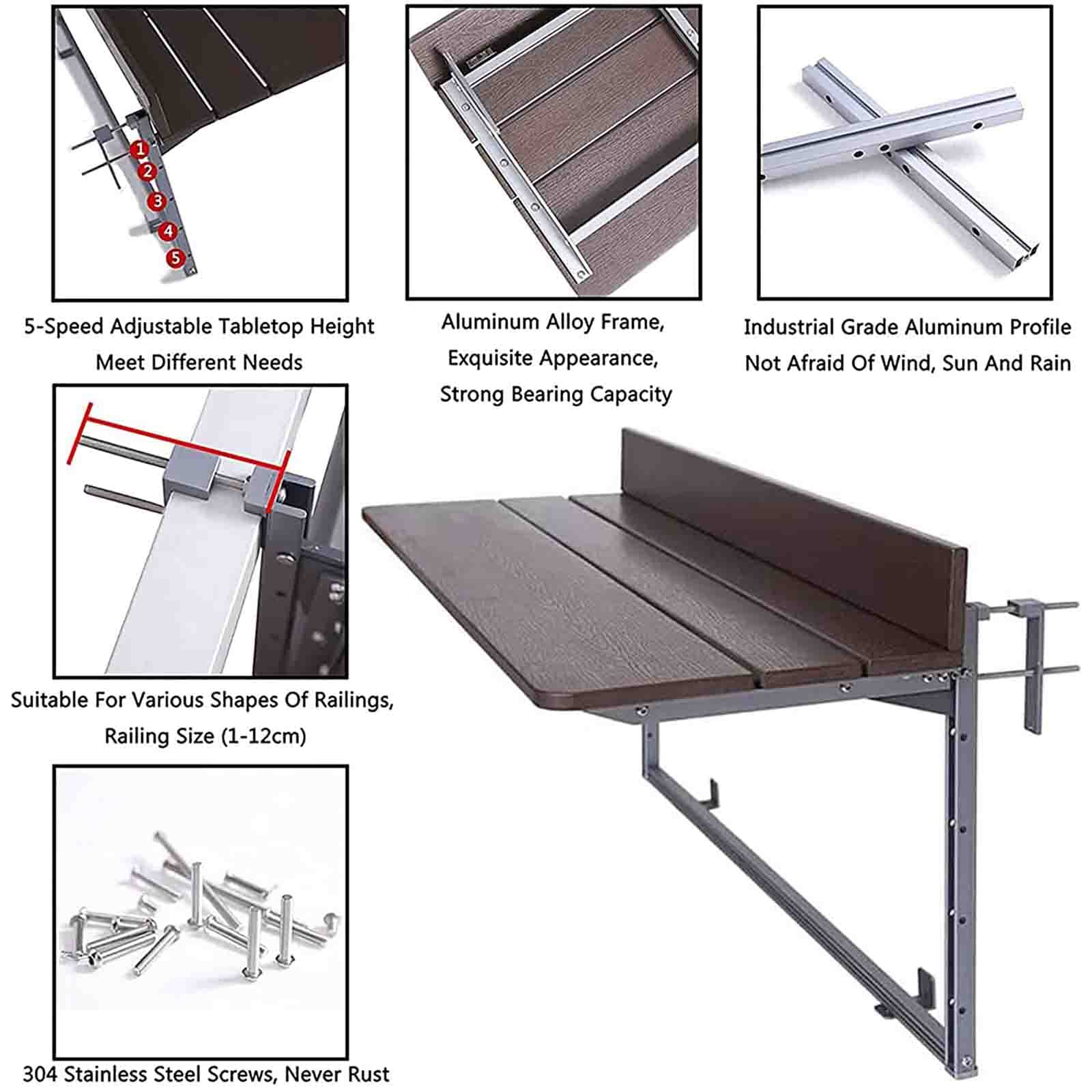 Table de balcon réglable et pliable – Table de bar d'extérieur légère de 60 à 120 cm pour balustrades – Table d'appoint murale à suspendre – Extension de comptoir de terrasse compacte Marron – 80 x 27