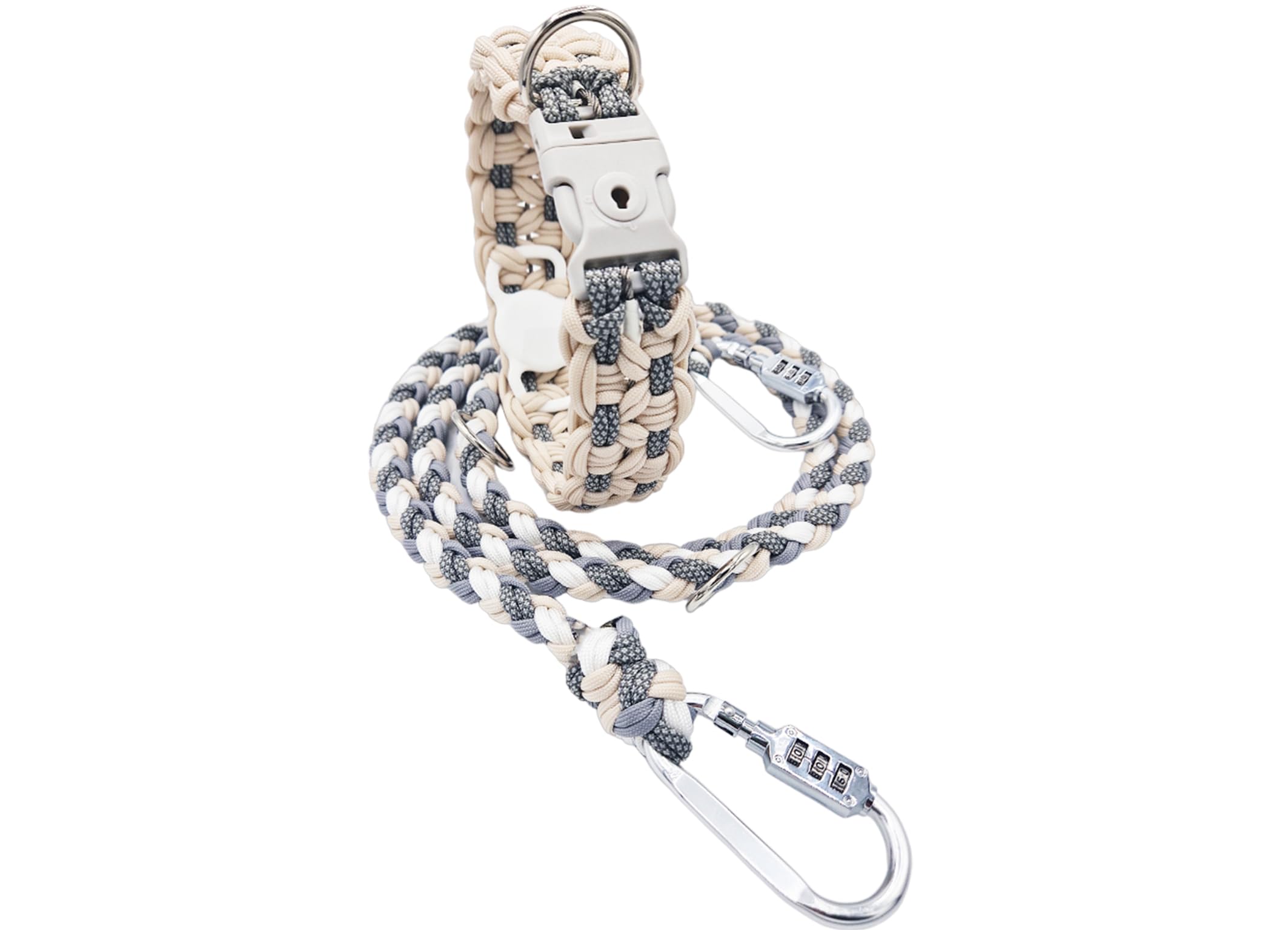 Diebstahlschutz-Hundeleine und Halsband Set, Optional mit versteckter AirTag Halterung, Verstellbar, Geflochten aus Paracord, Beige & Grau & Weiß, Gr.M (180cm)