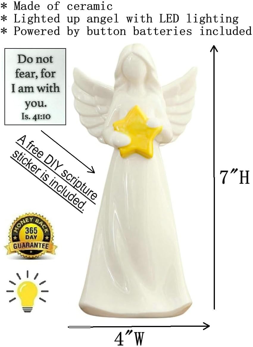 ADAVAS.Y&G Porcelain Angel Hold Star Collectible Figurines Guardian Angel Statue Lighted up Angel Night Light Angel lamp with DIY Bible Verse Do not Fear for I am with You 7inch High - Image 3