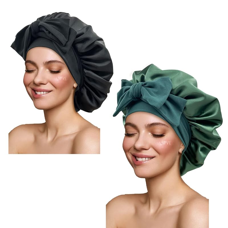 Touca de cetim GiLi com faixa ajustável para dormir, preta e verde Hunter Green, pacote com 2