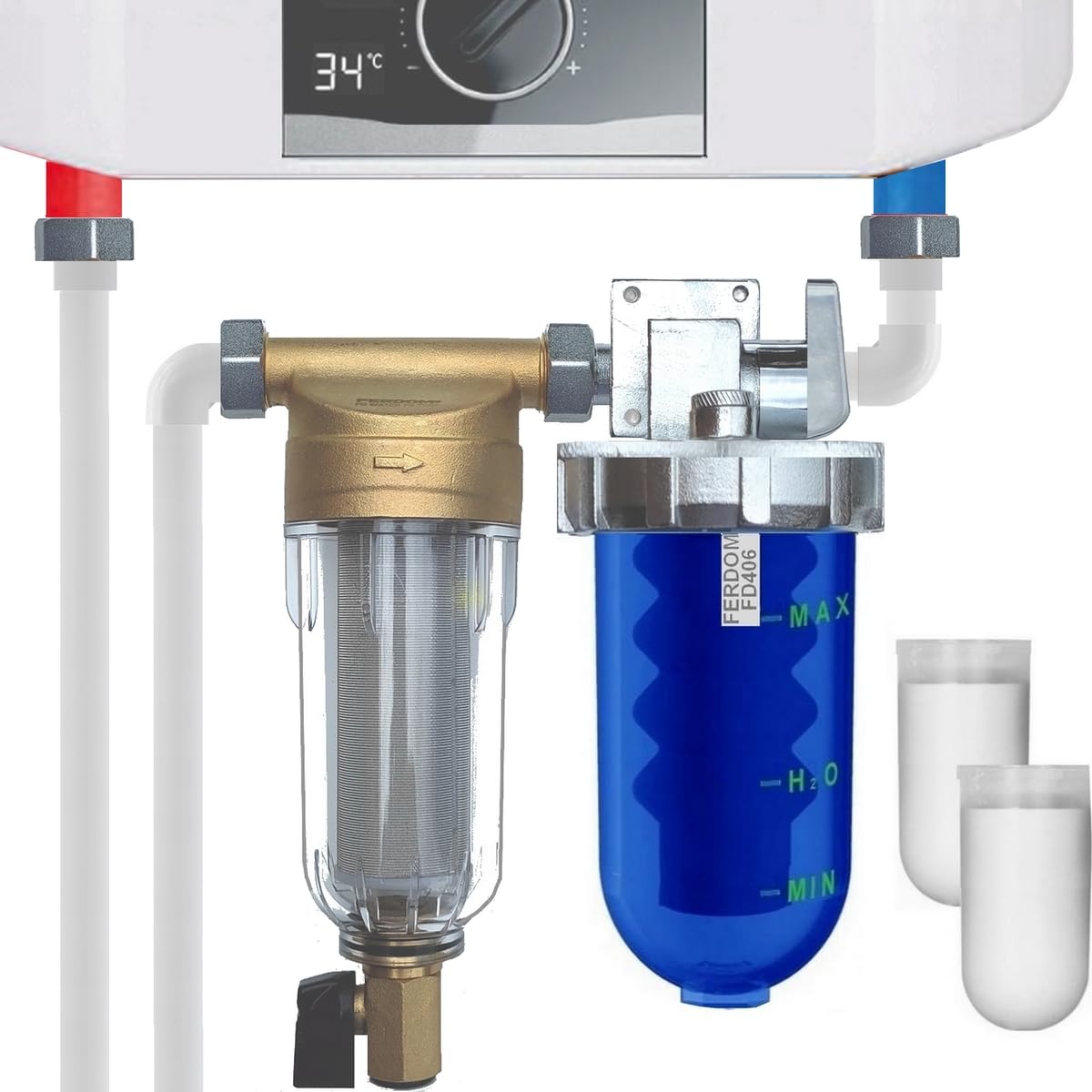 ZESTAW OCHRONY INSTALACJI FD444 FERDOM. 2 w 1. Filtr Wstępny, Osadowy Typu Spin-Down z Siatką Inox 40-60 μm (FD244) + Dozownik/Podajnik Proporcjonalny do Wody Wodociągowej, Dodatkowe Wkłady (FD406).