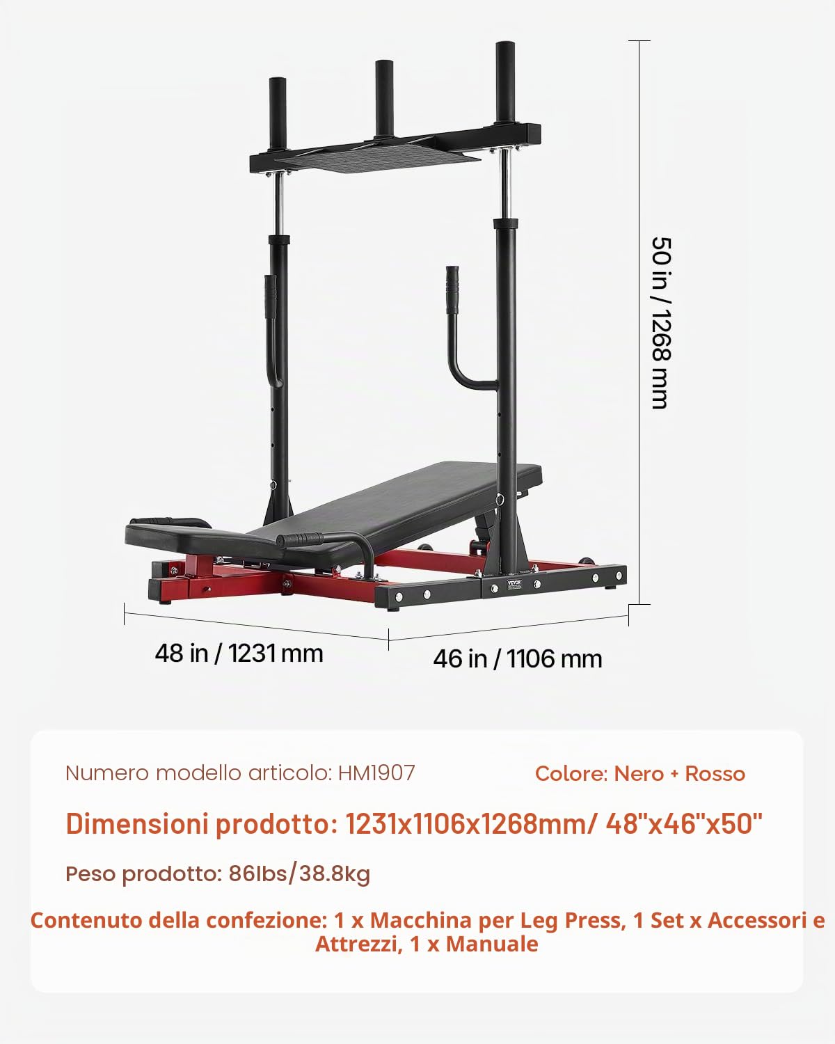 VEVOR Macchina per Pressa per Gambe Verticale, Attrezzatura Regolabile per Allenamento con Pressa per Gambe in Acciaio al Carbonio, per Palestra Domestica Capacità di 249,5 kg Nero Rosso