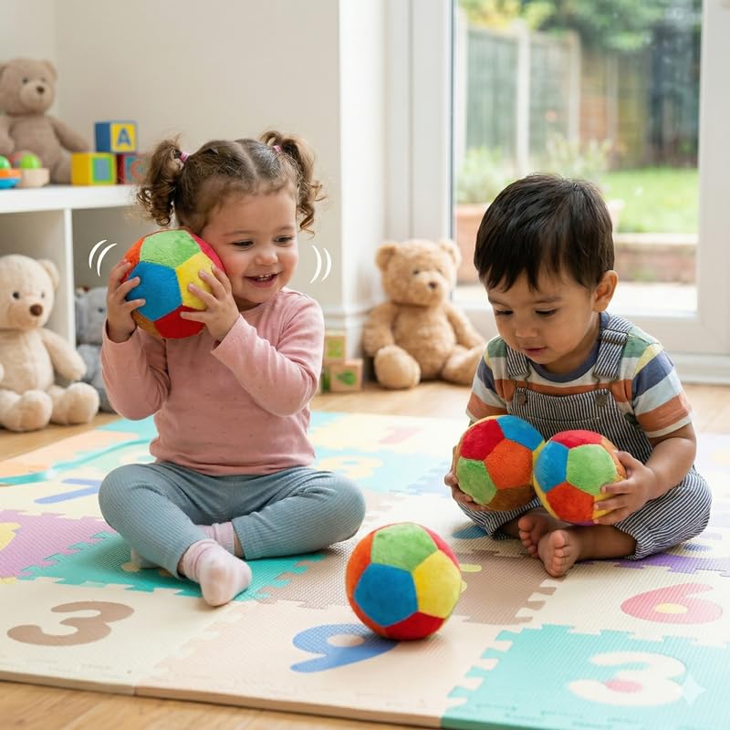 Image of HUG 'n' FEEL SOFT TOYS 8 cm Baby Rattle Ball 4pcs - Soft & Safe Plastic Toy for Infants | Colorful Sound-Making Toy | Early Learning & Motor Skill Development