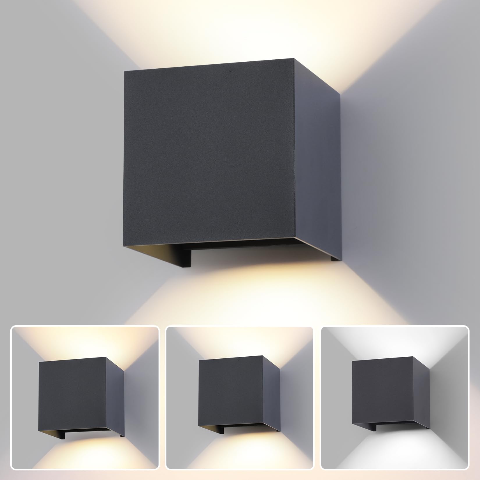 LED 15W Lampada da Parete Esterno/Interno Regolabile 3 colori Cubo 11CM IP65 Impermeabile Lampade da Esterno Parete Applique Esterni Quadrata Angolo del Fascio Regolabile Moderne Antracite