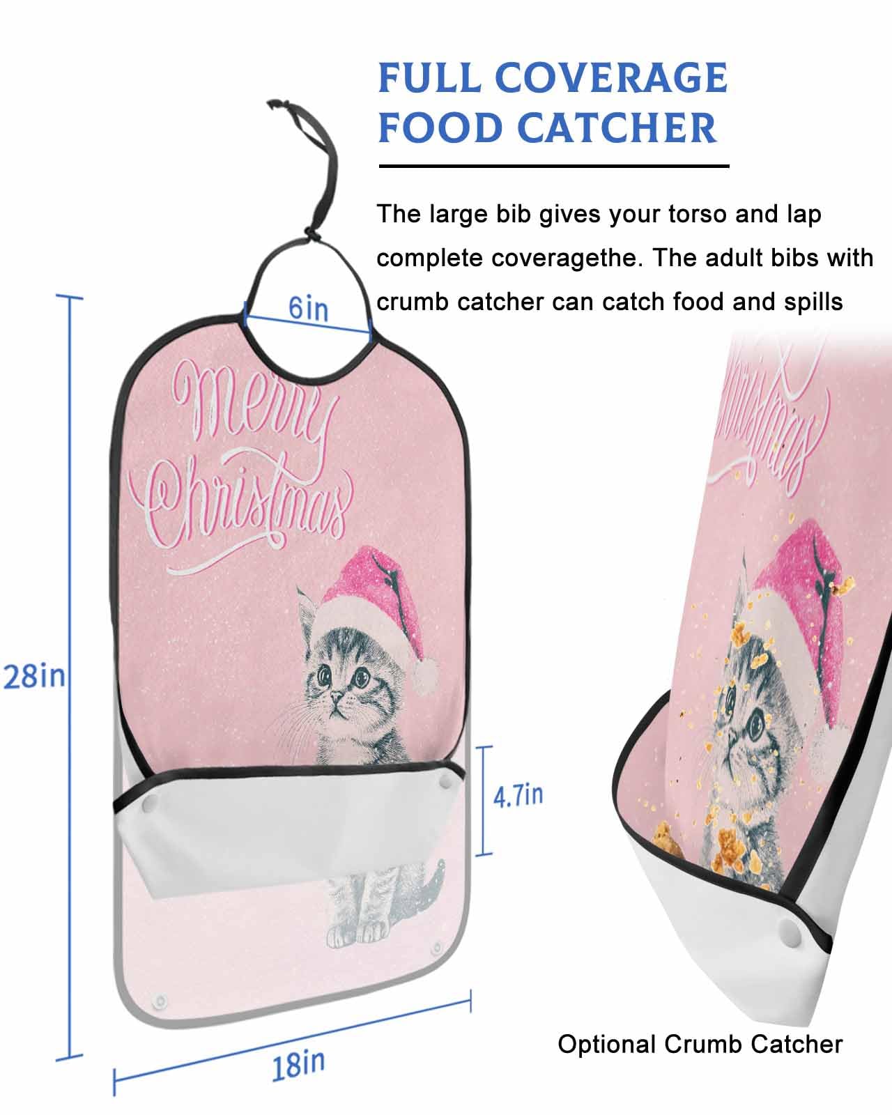Christmas Adult Bibs for Eating, Merry Christmas Santa Hat Cat Pink Washable Elderly Adult Bibs for Men Women Large Reusable Adjustable Clothing Protector with Optional Crumb Catcher