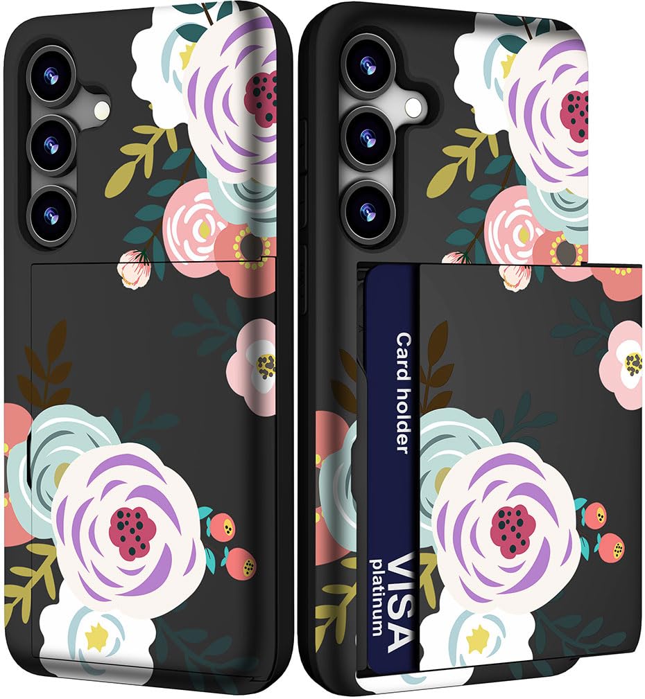 IWONE Compatible with Samsung Galaxy S23 Plus Case Cute with Card Holder/Slim Slot S23+ Wallet Phone Cover for Women/Rose Leaves Abstract Flowers