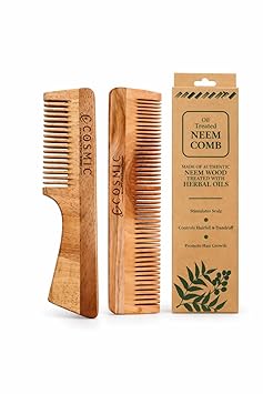 Cosmic Neem Wood Comb for Hair, Anti-Dandruff, Smooth Detangling, for Men and Women, All Hair Types, Natural and Organic (Pack of 2 - Dual Tooth Comb + Handle Com)