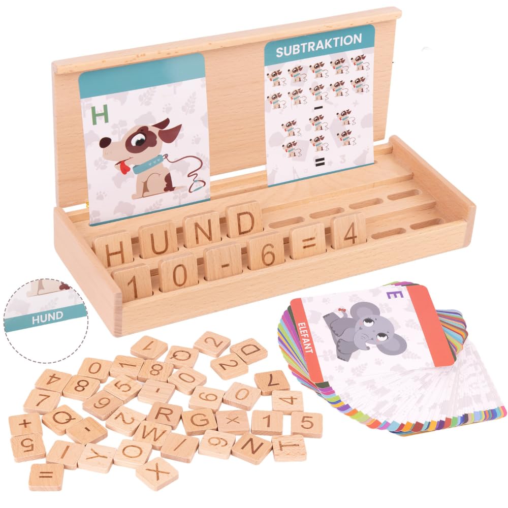 Montessori Holzspielzeug ab 3 Jahren – 3-in-1 Lernbox aus Holz: Buchstaben, Lesen Lernen, Zahlen & Rechnen – Lernspielzeug Kinder Geschenk zur Einschulung & Vorschule