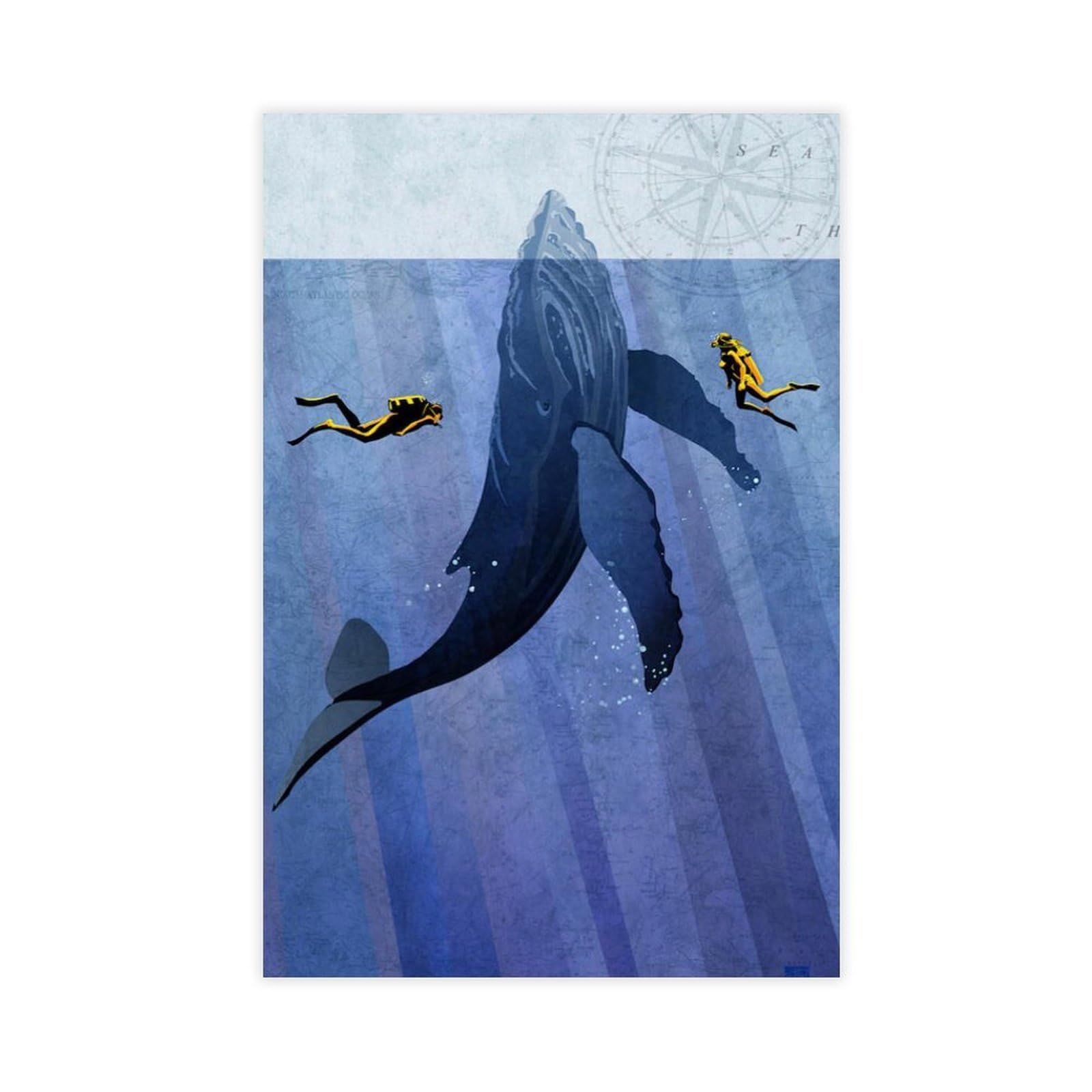 Jfecth Unframe-Style Scuba Divers And Whale Nautical Ocean Poster Canvas Poster For Home Decor Gift
