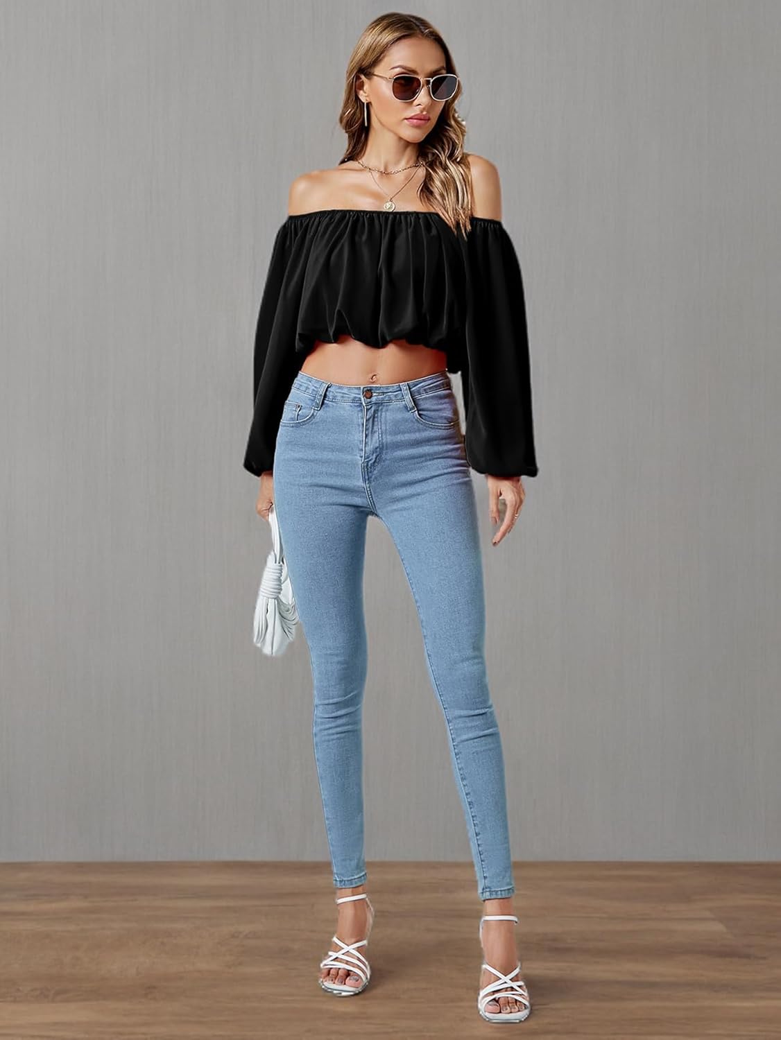 Umenlele Women’s Casual Off Shoulder Ruched Lantern Long Sleeve Crop Top Blouse Shirt - Image 7