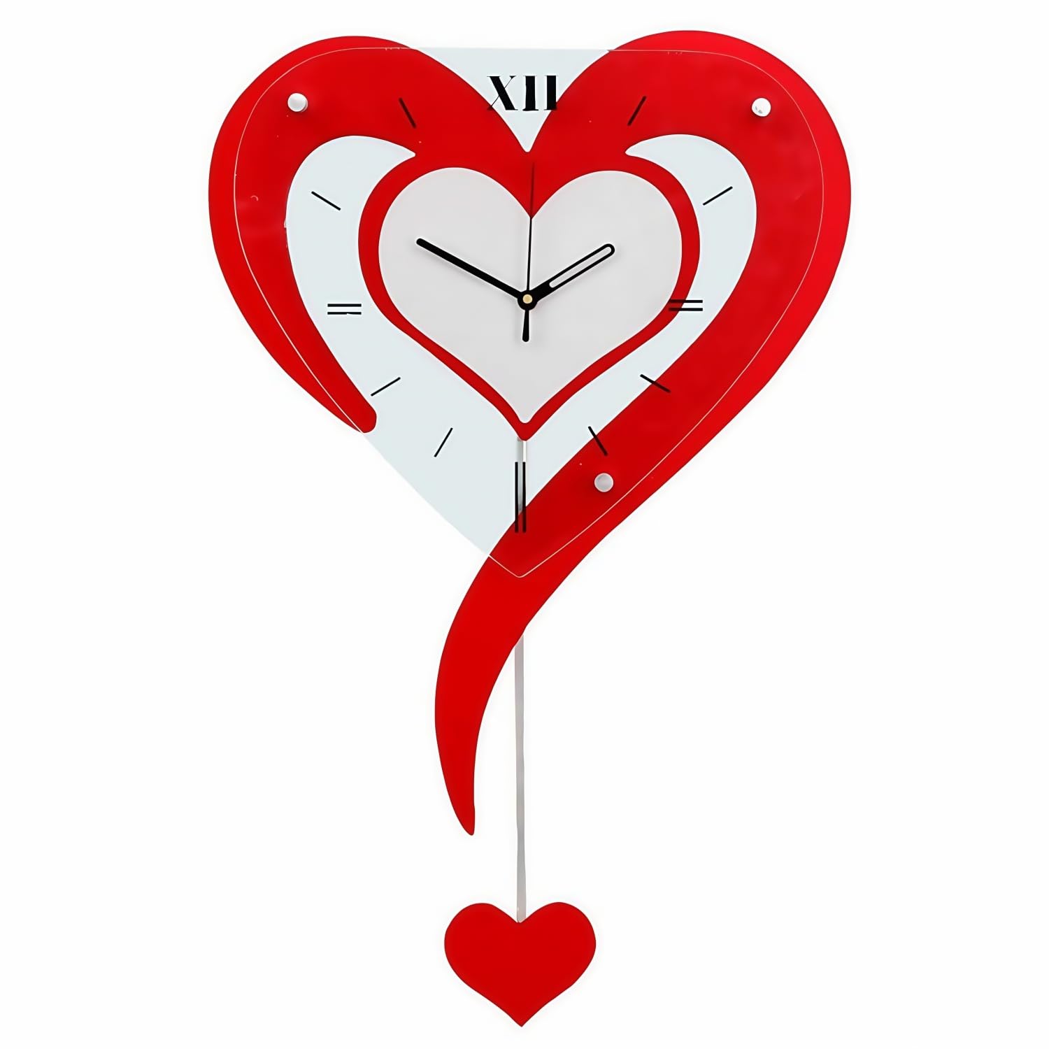 Easnea Acrylic Heart Shape Wall Hanging Clock Deorative Wall Clock Romantic Love Heart Clock Battery Operated Silent Creative Wall Clock with Pendulum for Living Room, Bedroom, or Office (Red)