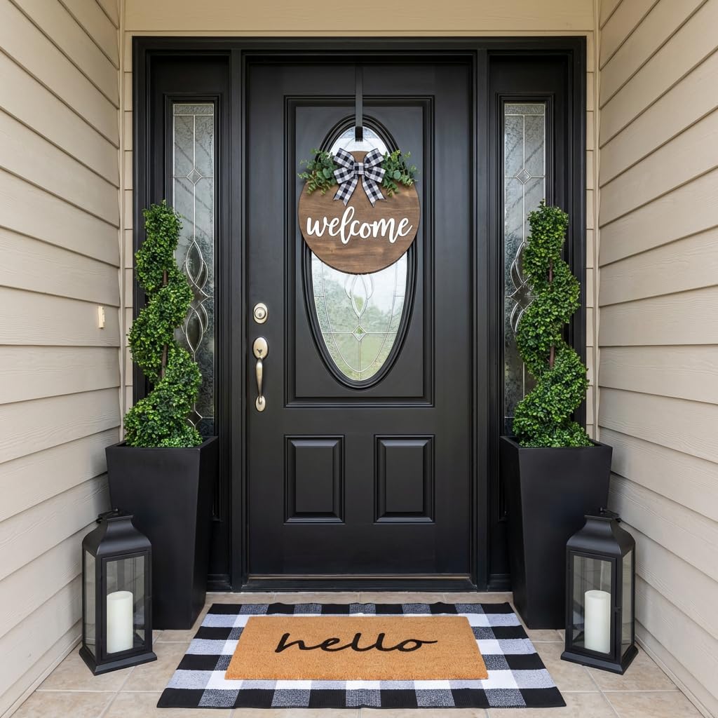 2 Pcs Hello Doormat Set, Thick Coco Coir Door Mat + Black and White Buffalo Plaid Rug, Perfect Size Layered Floor Mat Natural Décor Non-Slip Backing for Front Door Outside Entrance Entryway Porch