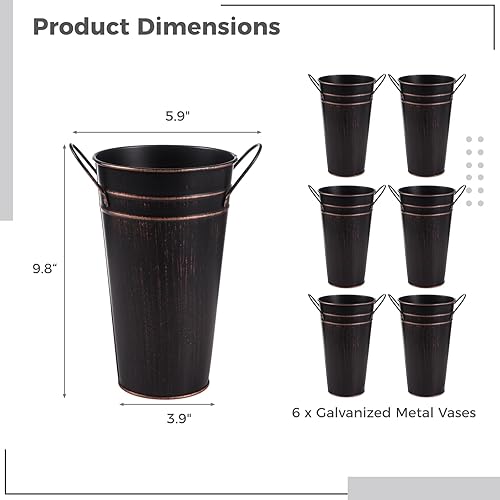Miniatura 5 de 6 jarrones de metal galvanizado, cubos de metal para flores, florero de flores de 9.8 pulgadas con asas, jarrones rústicos de granja para decoración
