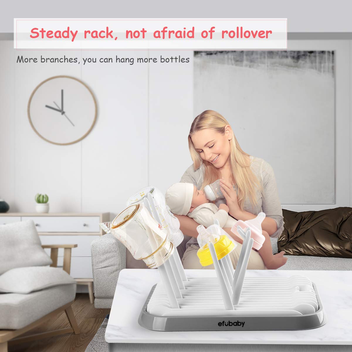 efubaby Portable Baby Bottle Drying Rack Foldable with 2-in-1 Bottle Brush Space Saving Bottle Rack Dryer with Nipple Part for Infant Toddler Newborn for Kitchen Counter Outdoor Travel White Grey