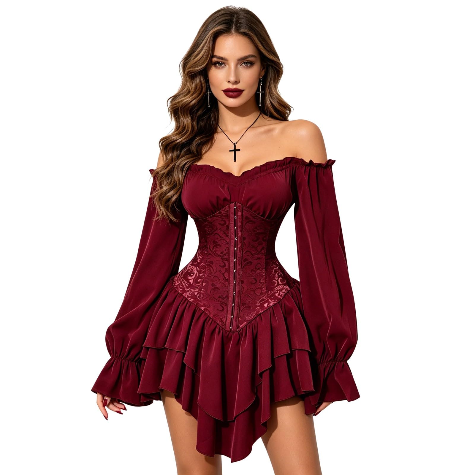 Disfraz Renacentista Mujer,Vestido BlusóN GeoméTrico Midi Para Mujer Corte Ajustado Mangas Largas Hombros Descubiertos Estilo Casual Elegante