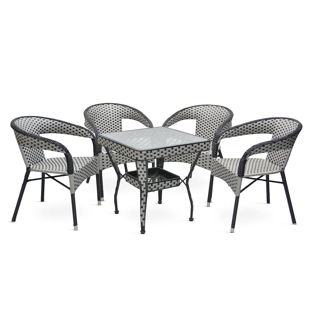 Multi Home Furniture Grey & Black Rattan Dining Table Set 4 Seater – Square Glass Top Table with Wicker Chairs for Balcony Furniture, Patio Furniture, Outdoor Garden Furniture & Indoor Dining Room