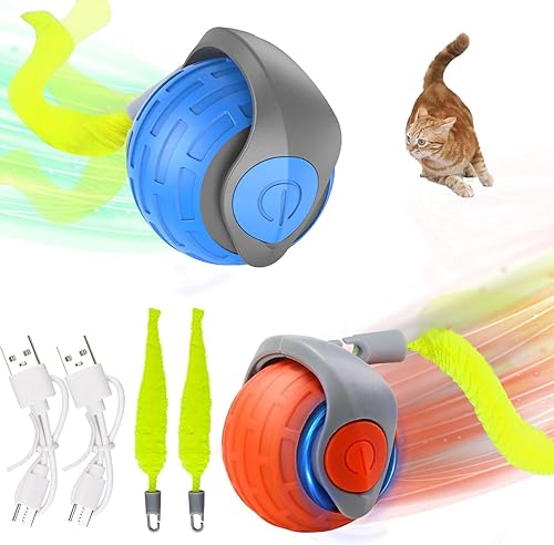 Speedy Tail - Pelota interactiva de juguete para gatos, nueva generación, juego de interior con cola de repuesto (azul-naranja)