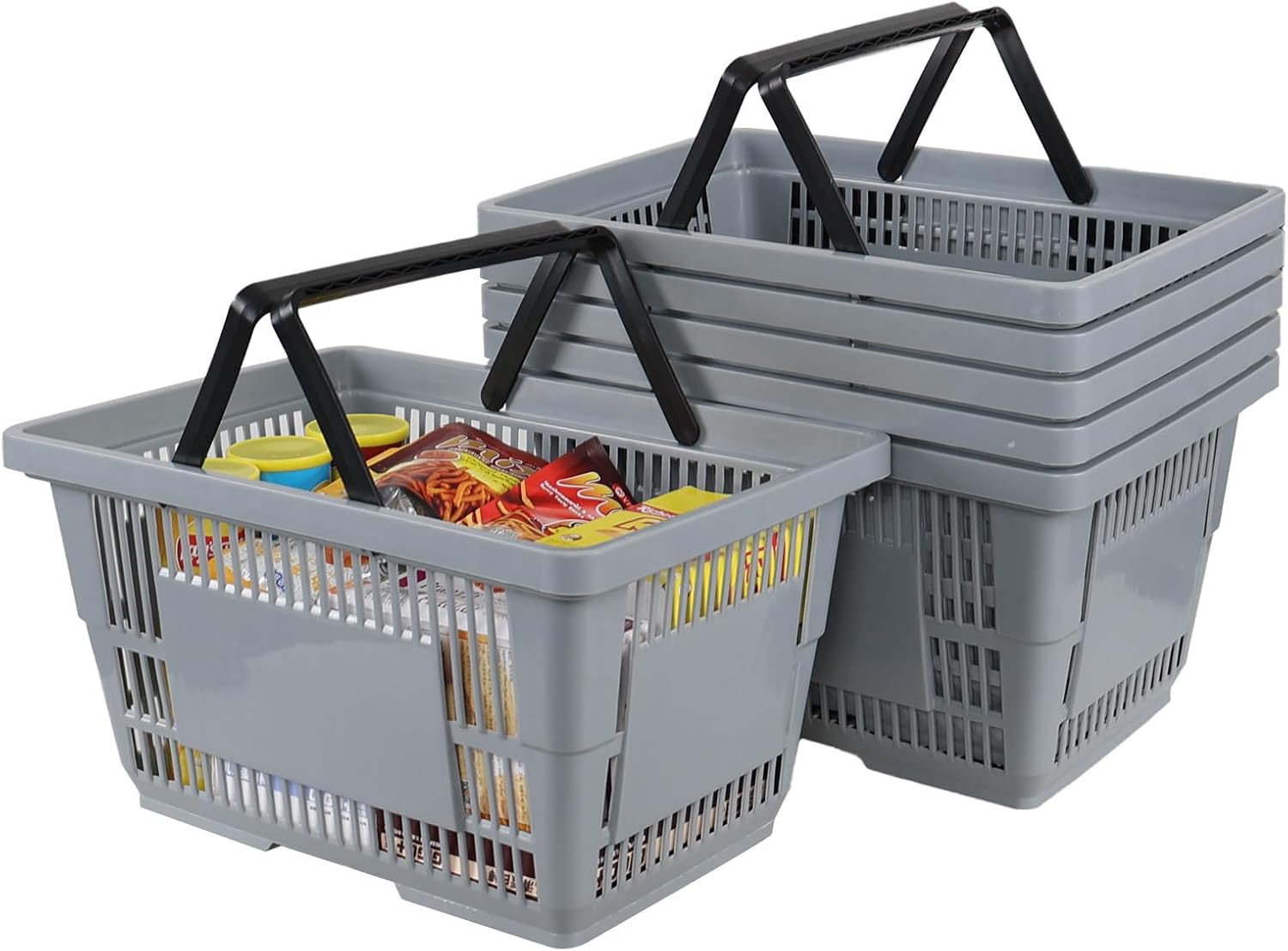 6-Pack Grey Shopping Baskets with Handles, Plastic Grocery Shopping Basket, 28 Liters