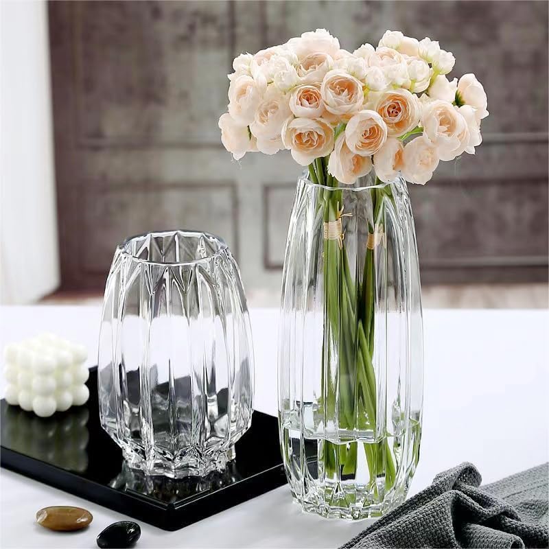 Miniatura 5 de Jarrón de flores de 7.8 pulgadas, jarrón de vidrio acanalado transparente grueso para estantería, mesa de comedor, escritorio de oficina interior,