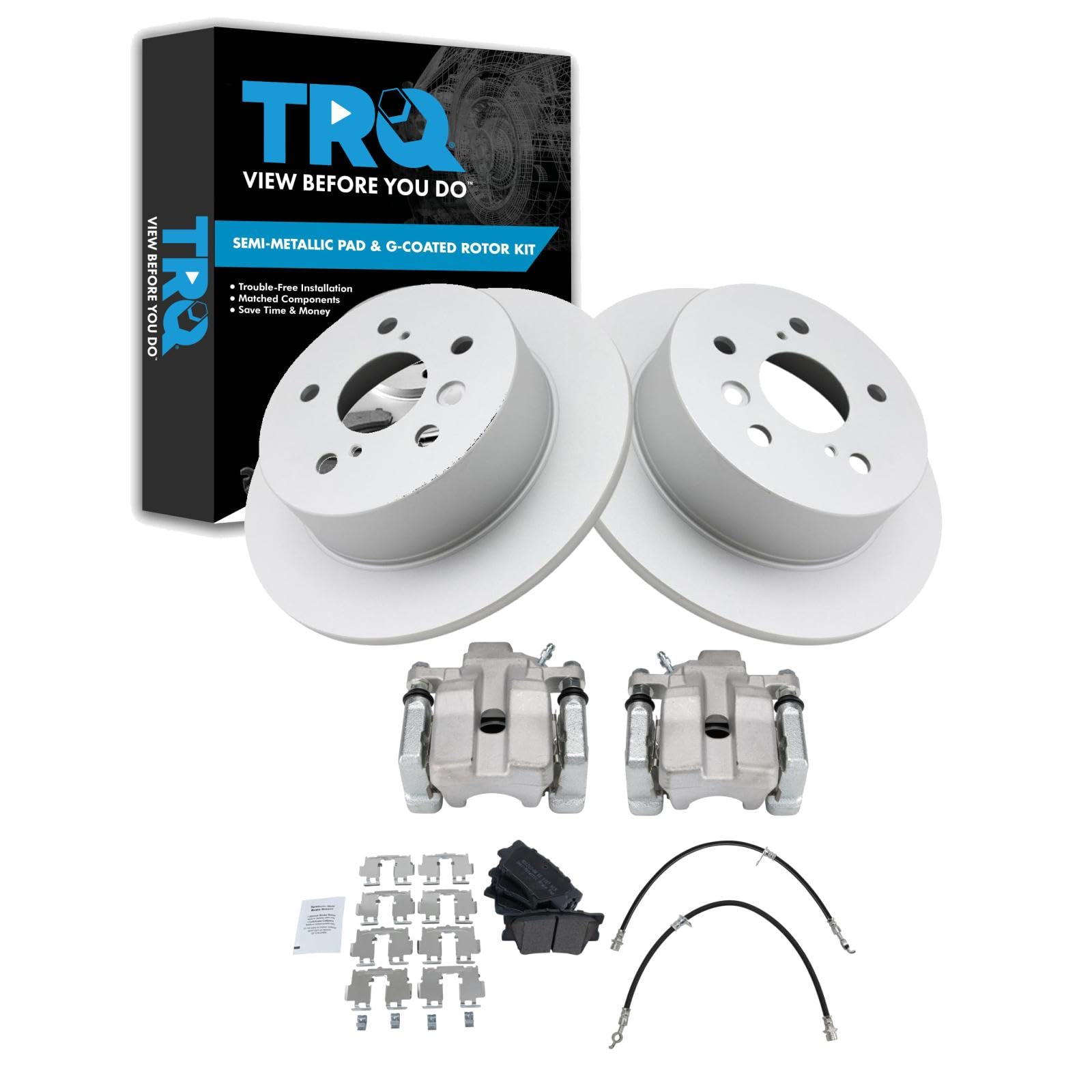 TRQ Rear Brake Pad and Rotor Set Semi Metallic Coated Rotors Calipers Compatible with 2007-2012 Lexus ES350 To 9/30/11 Production Date 2008-2012 Toyota Avalon 2007-2011 Camry