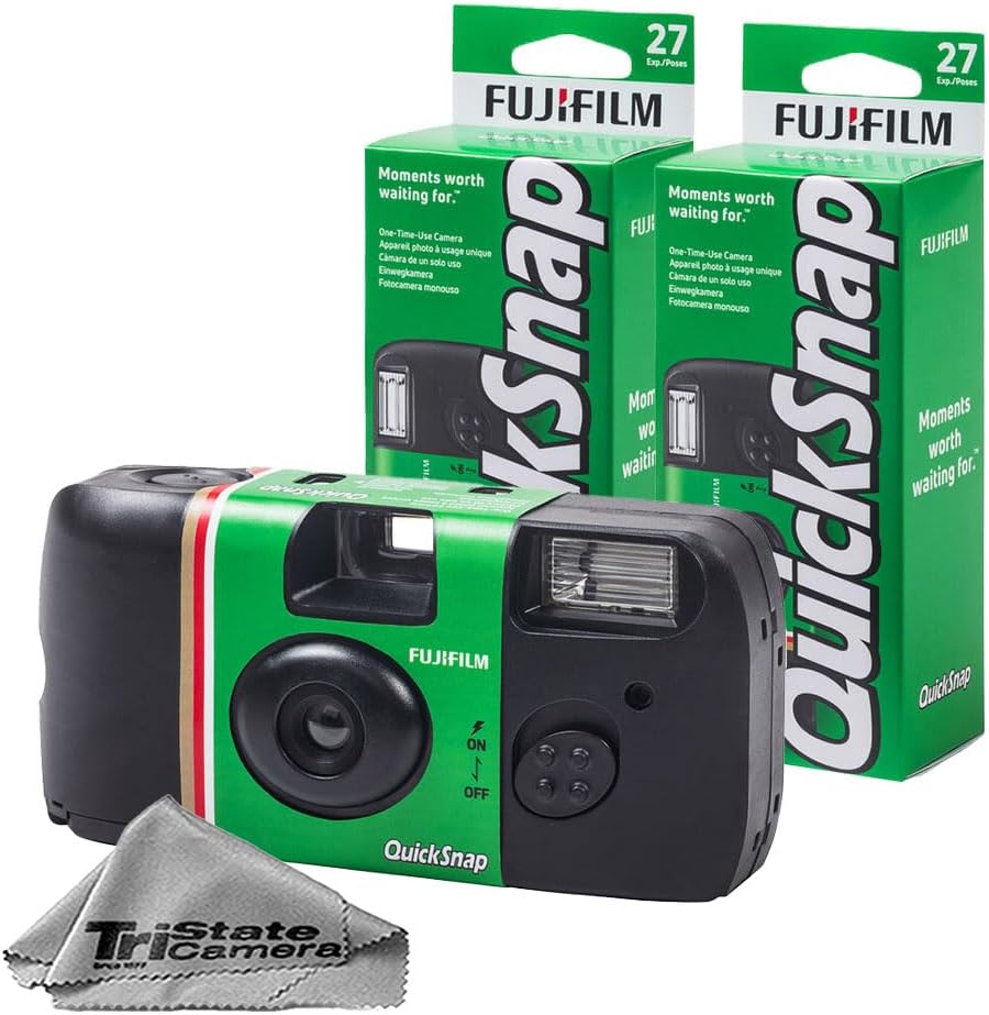 Fujifilm QuickSnap Flash 400 Cámara desechable de 35 mm - ISO 400, 27 exposiciones, flash incorporado, paquete de 2 + paño de limpieza de microfibra
