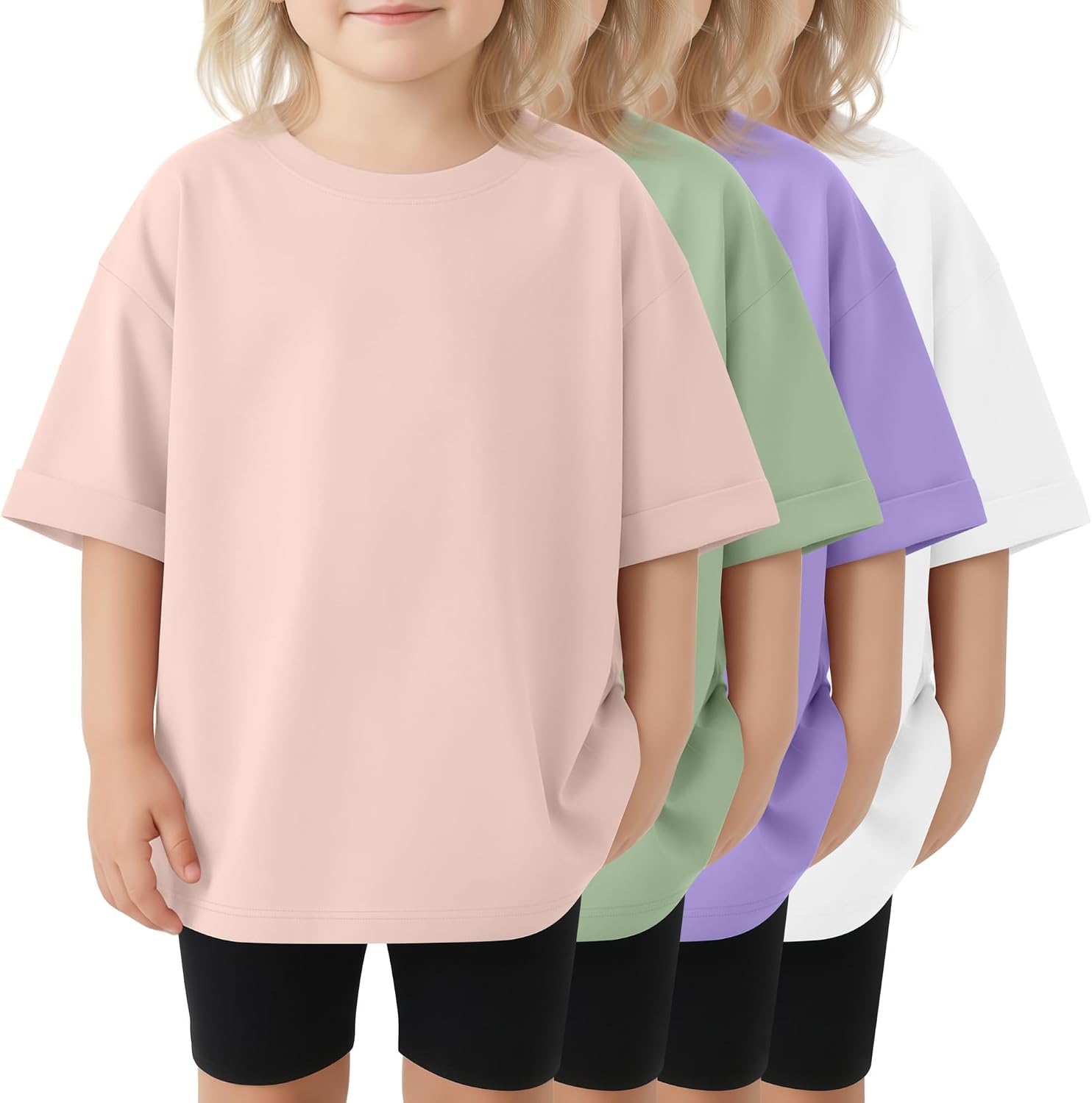 4 Pack Oversized Toddler Girl Shirts Kids Short Roll Sleeve Tshirts Toddler Crew Neck Summer Casual Girl Clothes
