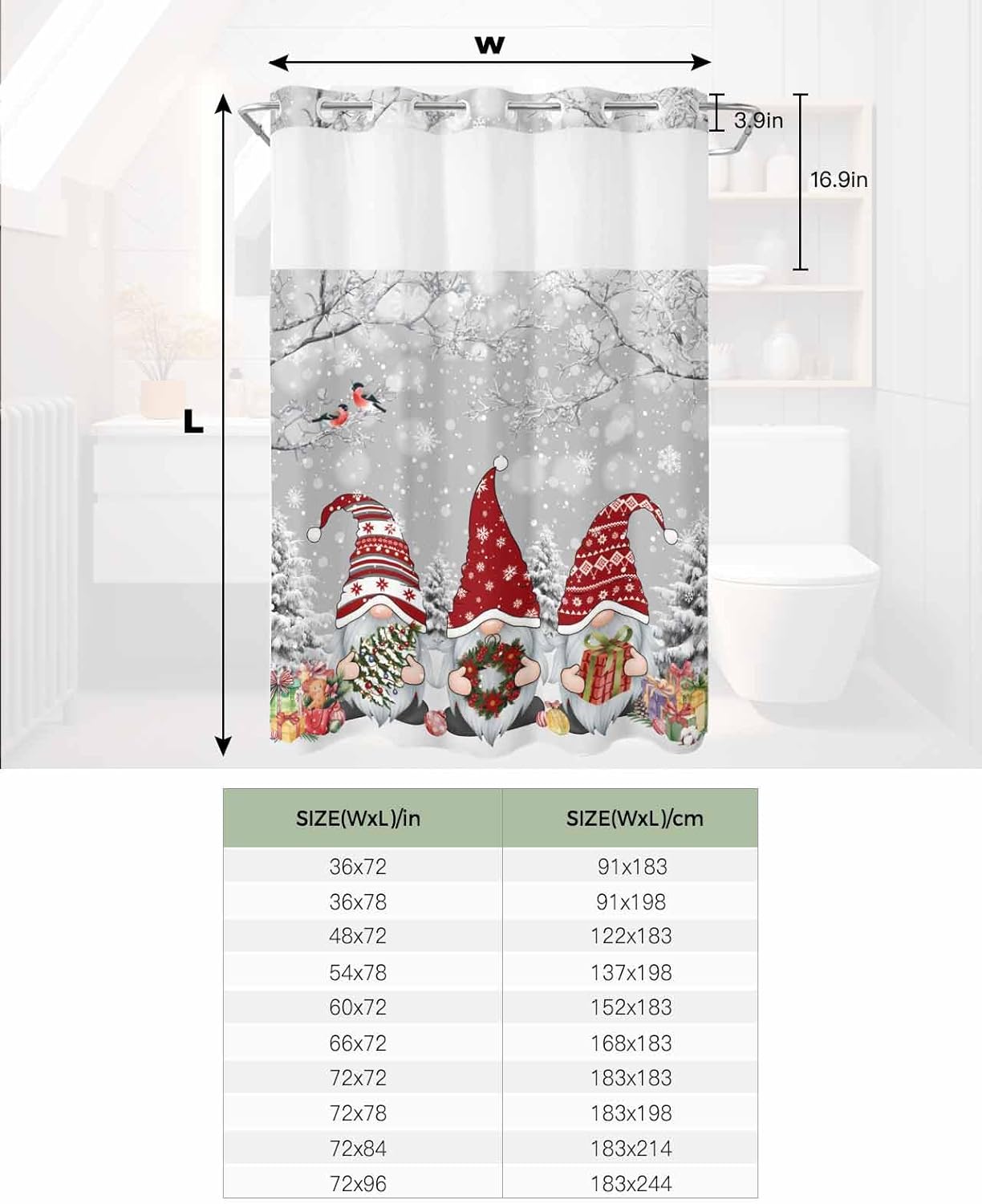 No Hook Shower Curtain with Snap in Liner Christmas Gnome Winter Xmas Tree Snowflake Grey Shower Curtain for Bathroom, Fabric Waterproof Inner Liner, Hotel Style with Mesh Top Window, 48x72