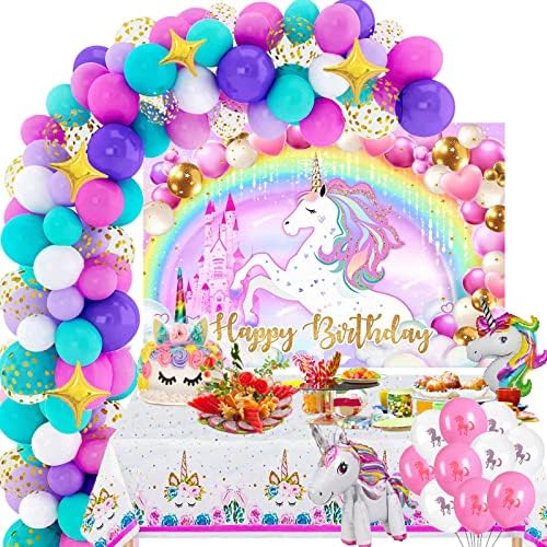 Unicorn Birthday Party Decorations Girls - 110PCS Unicorn Party Supplies for Girls, Balloon Arch Kit, Balloon Garland Kit with Unicorn Rainbow Birthday Backdrop, Unicorn Party Tablecloth, Birthday Balloons, Confetti Balloons, Unicorn Balloons