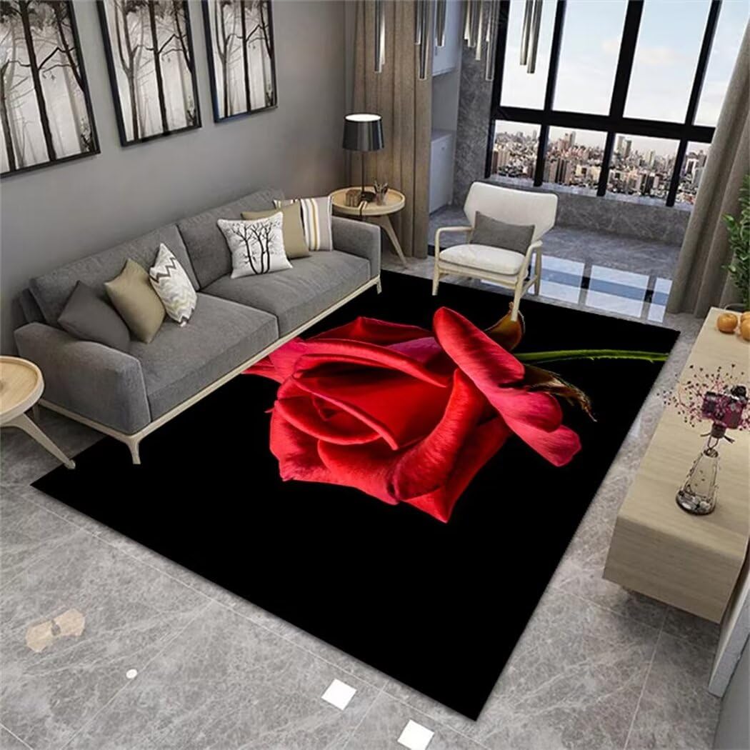 Tapis de salon rouge et noir à grand motif de fleurs