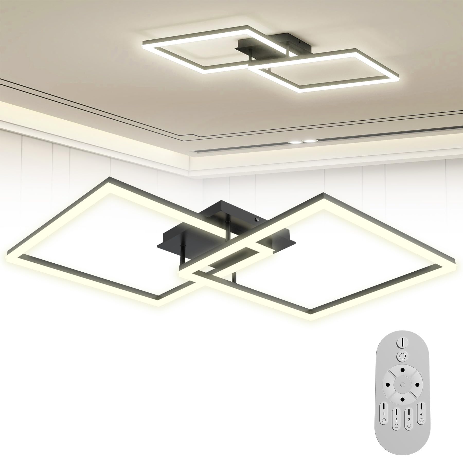 Froadp Moderna lampada da soffitto a LED, dimmerabile, 60 W, colore nero, 40 cm, lampada da soffitto quadrata con telecomando, lampada da soggiorno 2800 – 6500 K, IP44, a risparmio energetico, per