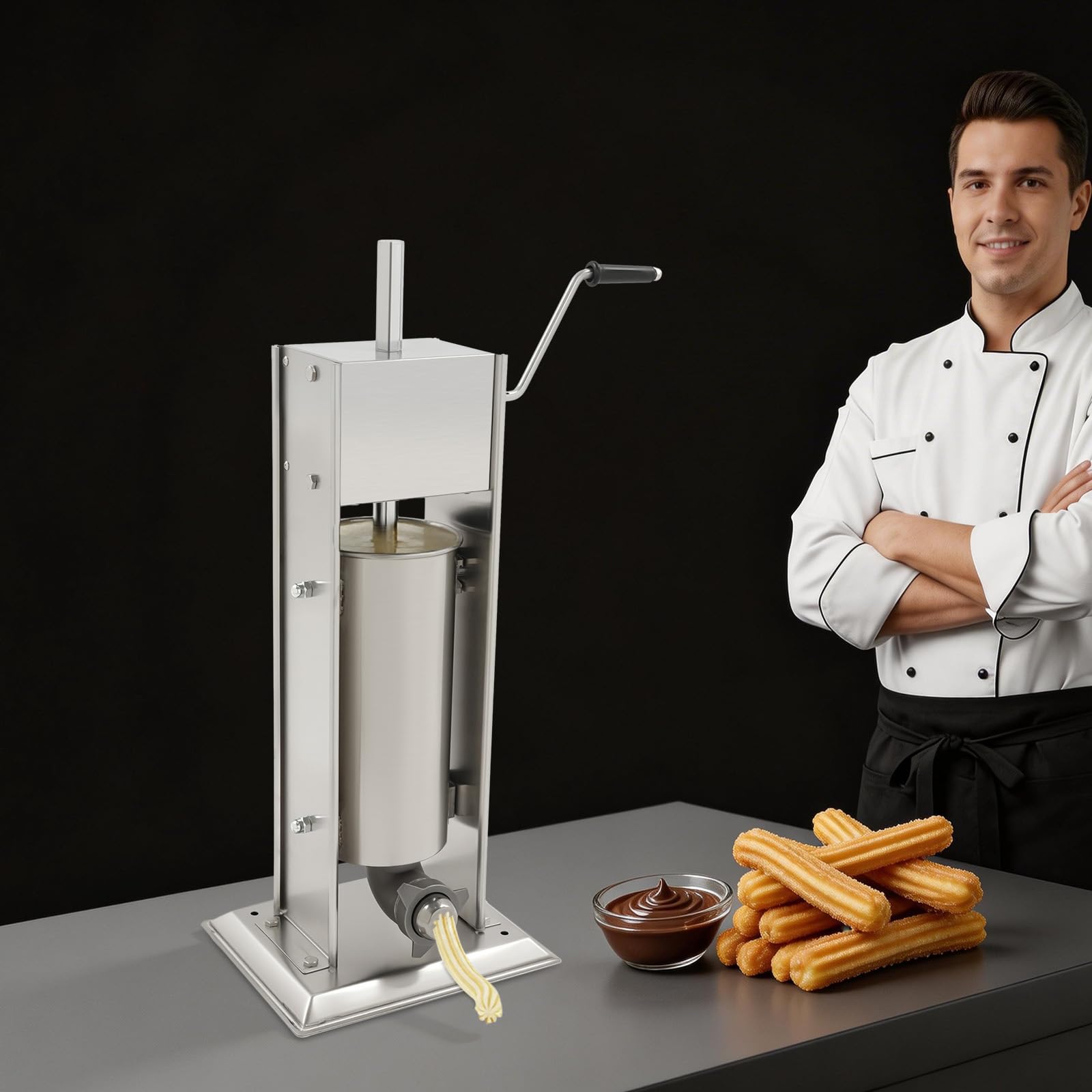 Apparecchio per Churros Metallico, Macchina per Churros Manuale 5L in Acciaio Inox Professionale con 6 Ugelli, Pressa Pasta Manuale per Ristorante Panetteria, Caffè, Secchio 5 Litri Inox Alimentare