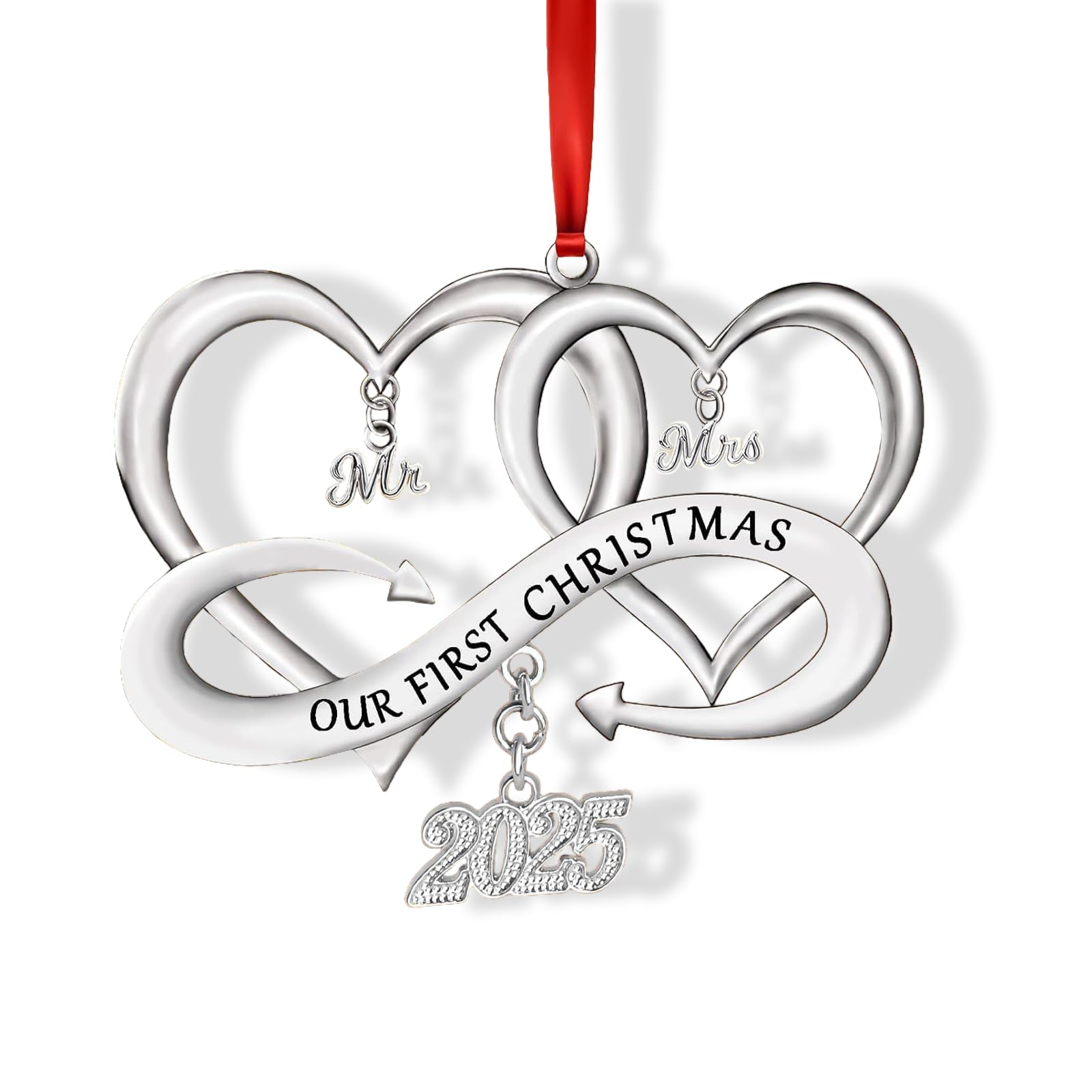 Targonix Mr & Mrs Double Heart Metal Ornament 2025, First Christmas as Mr and Mrs Decoration, Wedding Bauble Keepsake for Tree and Home Décor
