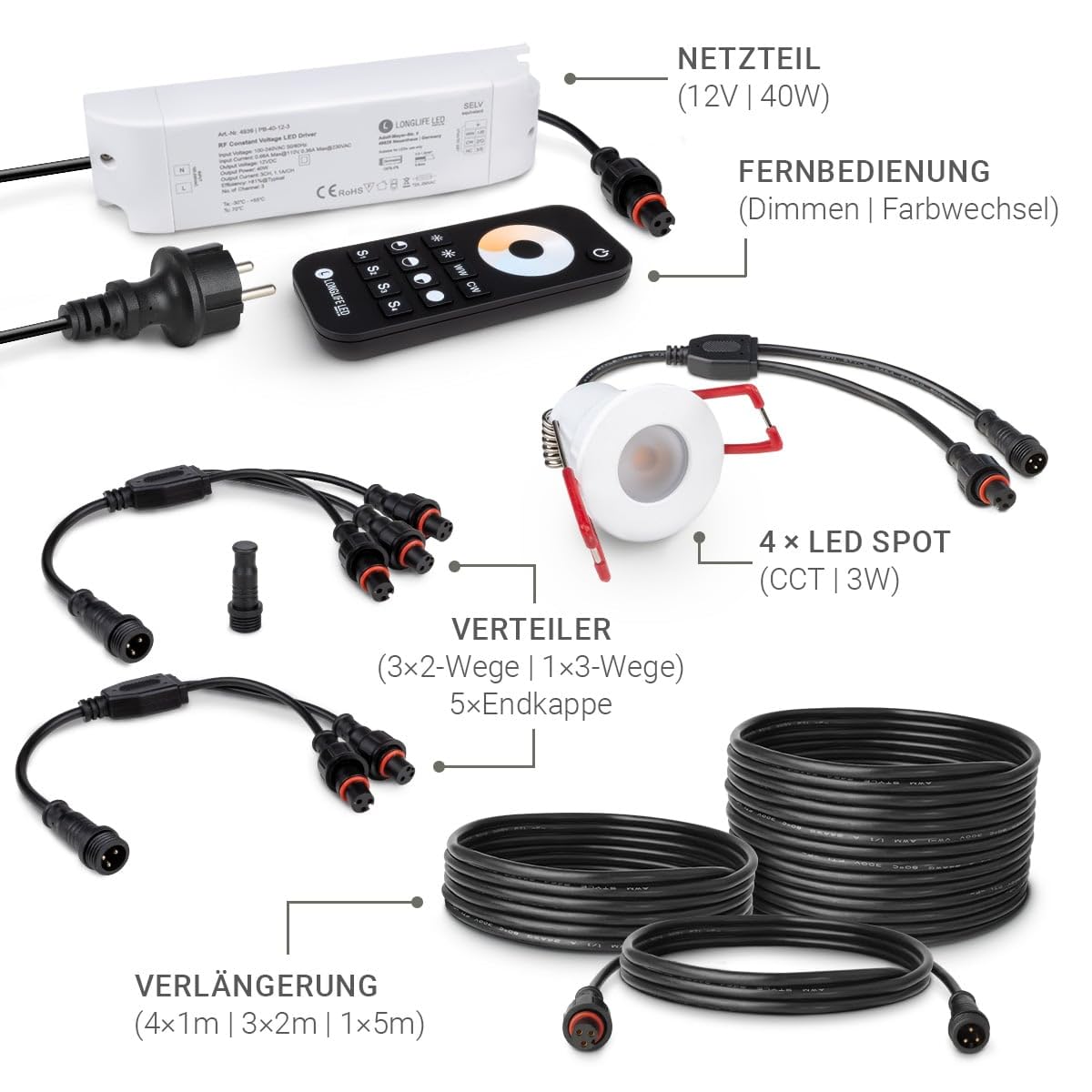 LongLife LED 4er Set Einbaustrahler Mini 3W CCT 2700K-6500K 2700K weiß RAL 9016 IP65 Dimmbare Strahler für Terrassenüberdachung, Carports, Dachüberständen