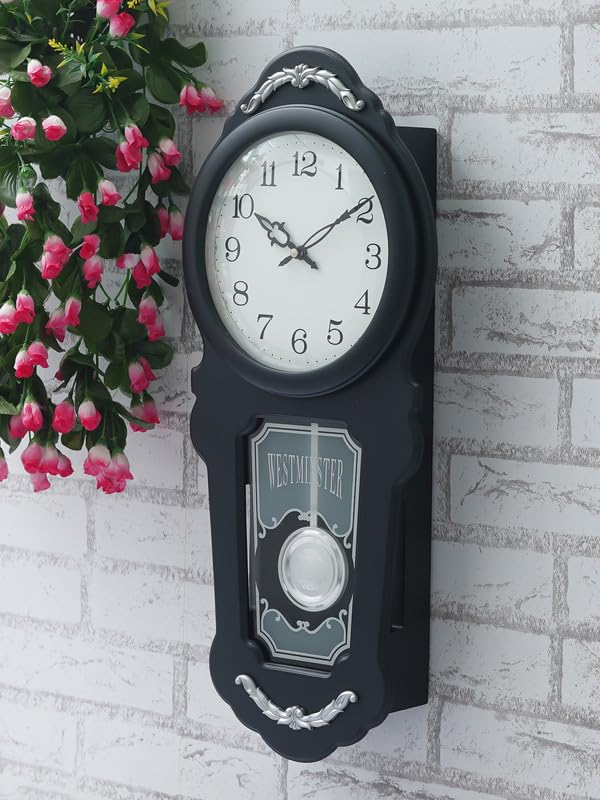Image of CHRONIKLE Decorative Vertical Wooden Case Analog Pendulum Chime Musical Wall Clock for Living Room Home Decorations Office Gifts (Size: 26 x 10.3 x 56 CM | Weight: 1955 Gram | Color: Black)