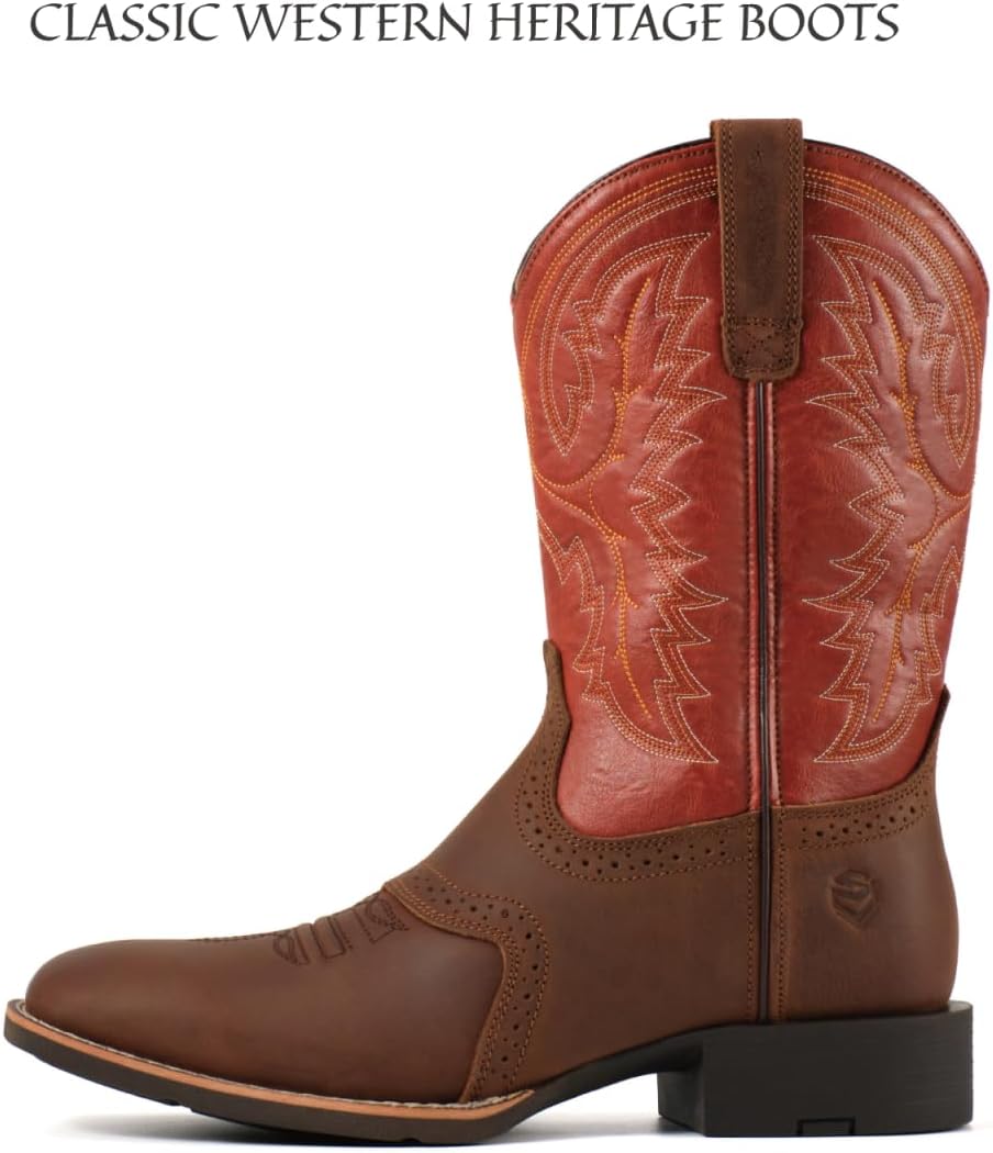 SUREWAY Western Boots For Men - Mens Square Toe Cowboy Boot, Oil/Slip Resistant, Durable Fashionable Classic Pull on 10 Inch Mid-Calf Wellington Boots