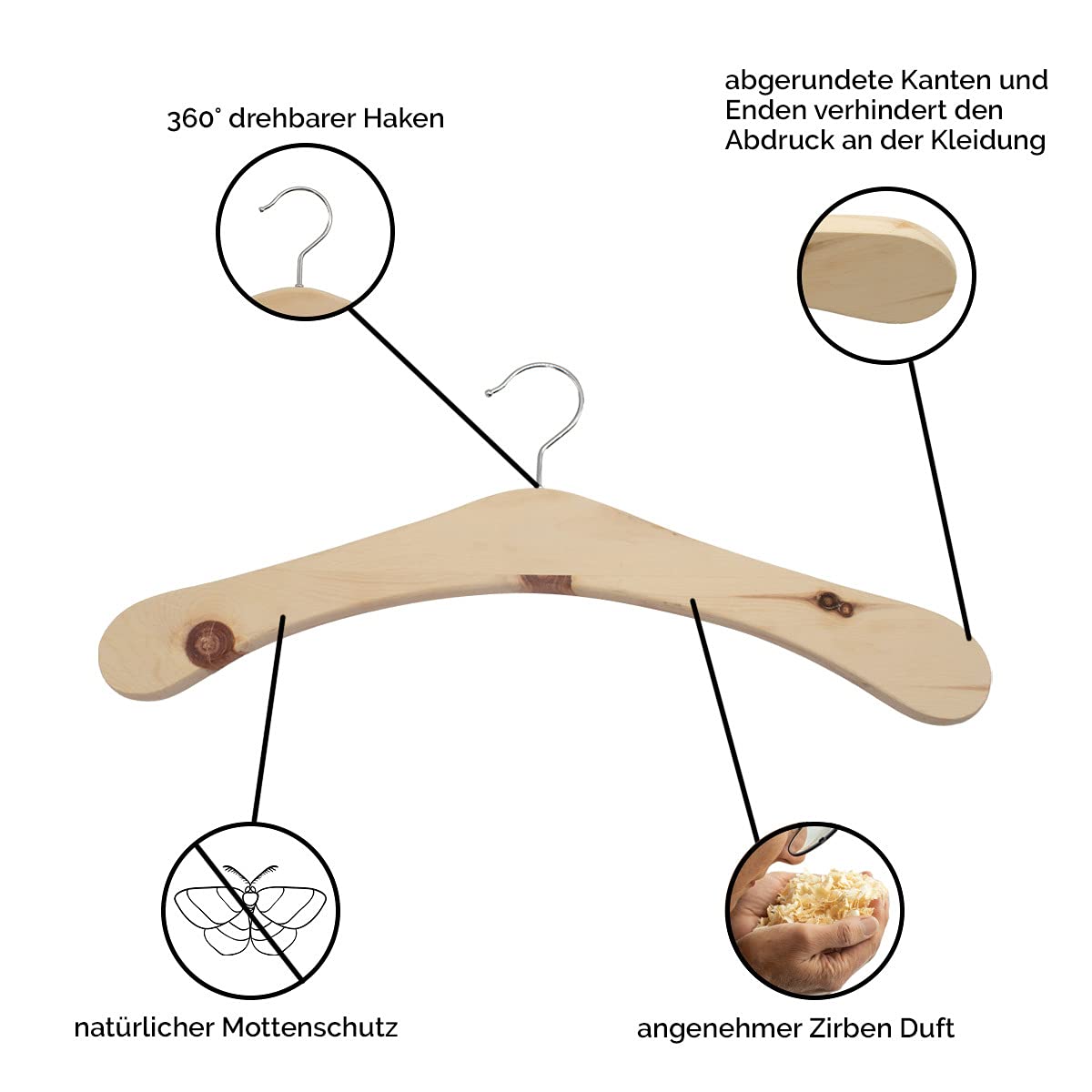 10er Set Kleiderbügel- Holzbügel aus massivem Zirbenholz - mit 360° drehbarem Haken - echte Handarbeit - Kleiderbügel aus Holz - Klamottenbügel rutschfest - Zirbenkleiderbügel